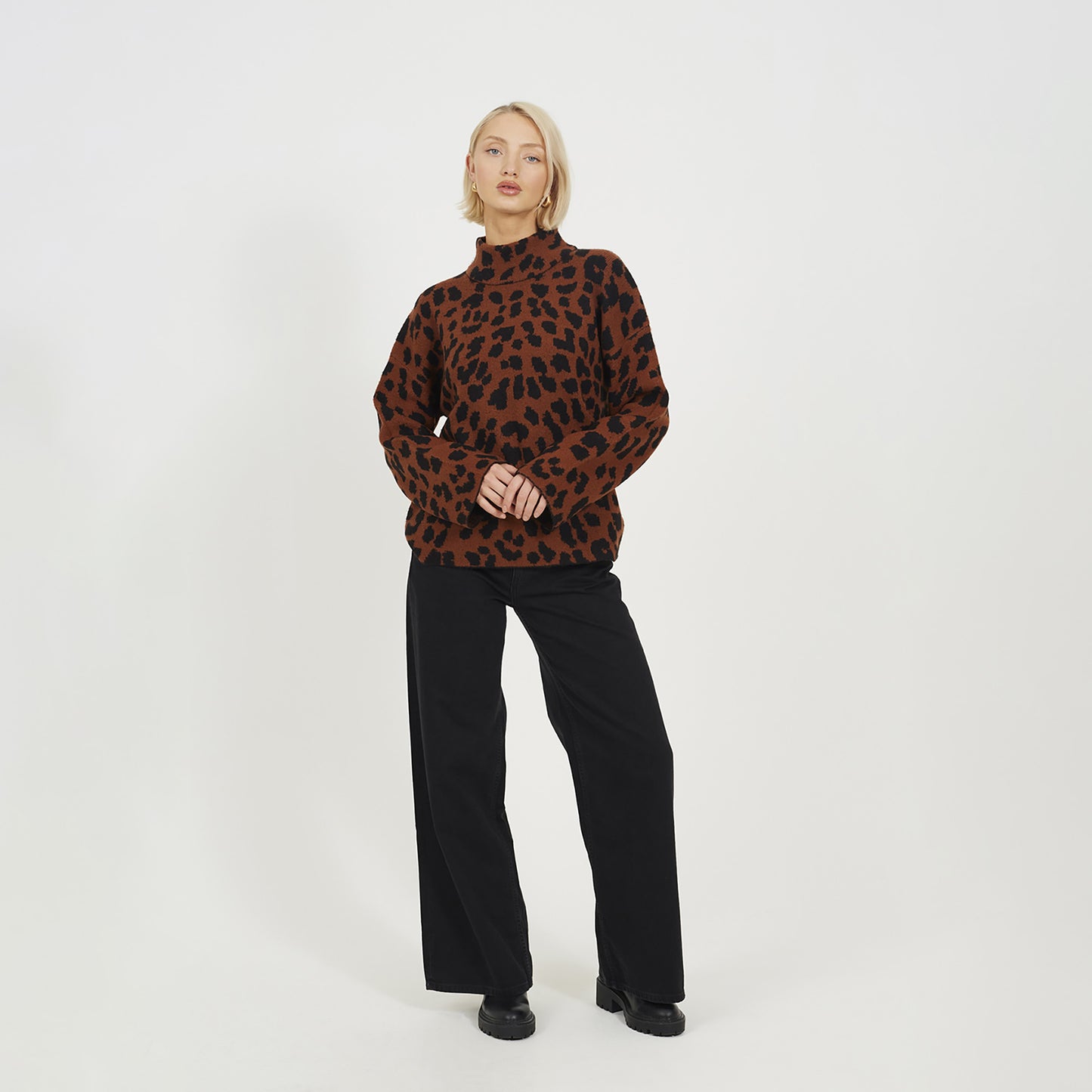 Brave Soul Brown Animal Jacquard Turtle Neck Tunic Jumper - Brown Image 3