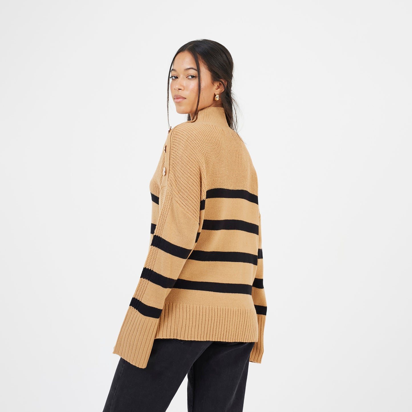 Brave Soul Camel Button Detail Striped Turtleneck Jumper - Camel Image 2