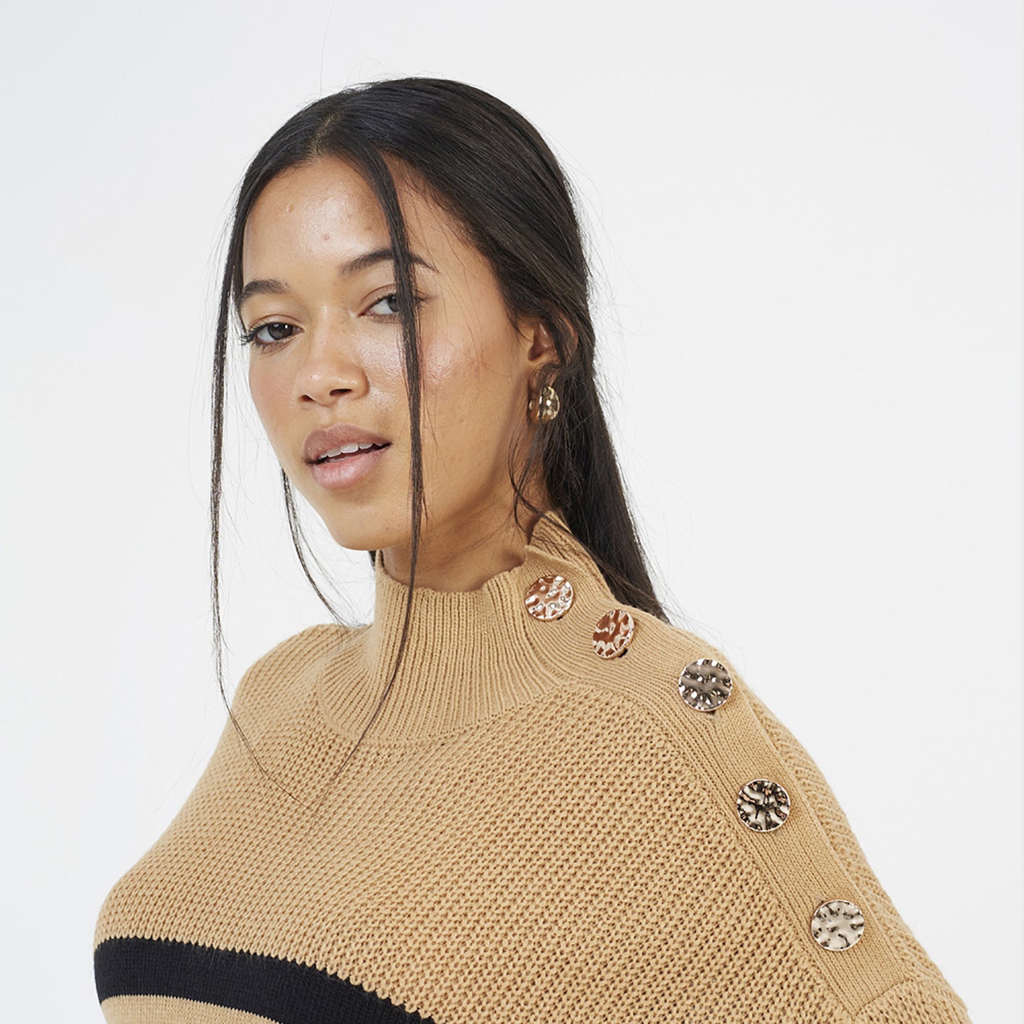 Brave Soul Camel Button Detail Striped Turtleneck Jumper - Camel Image 4