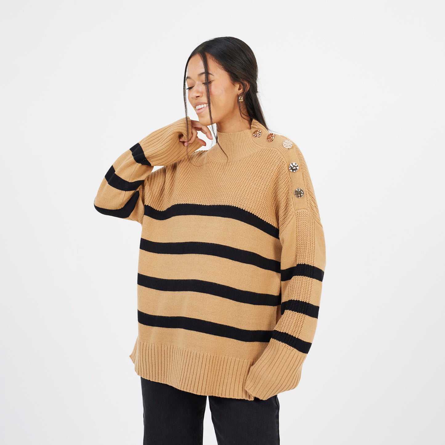 Brave Soul Camel Button Detail Striped Turtleneck Jumper - Camel Image 1