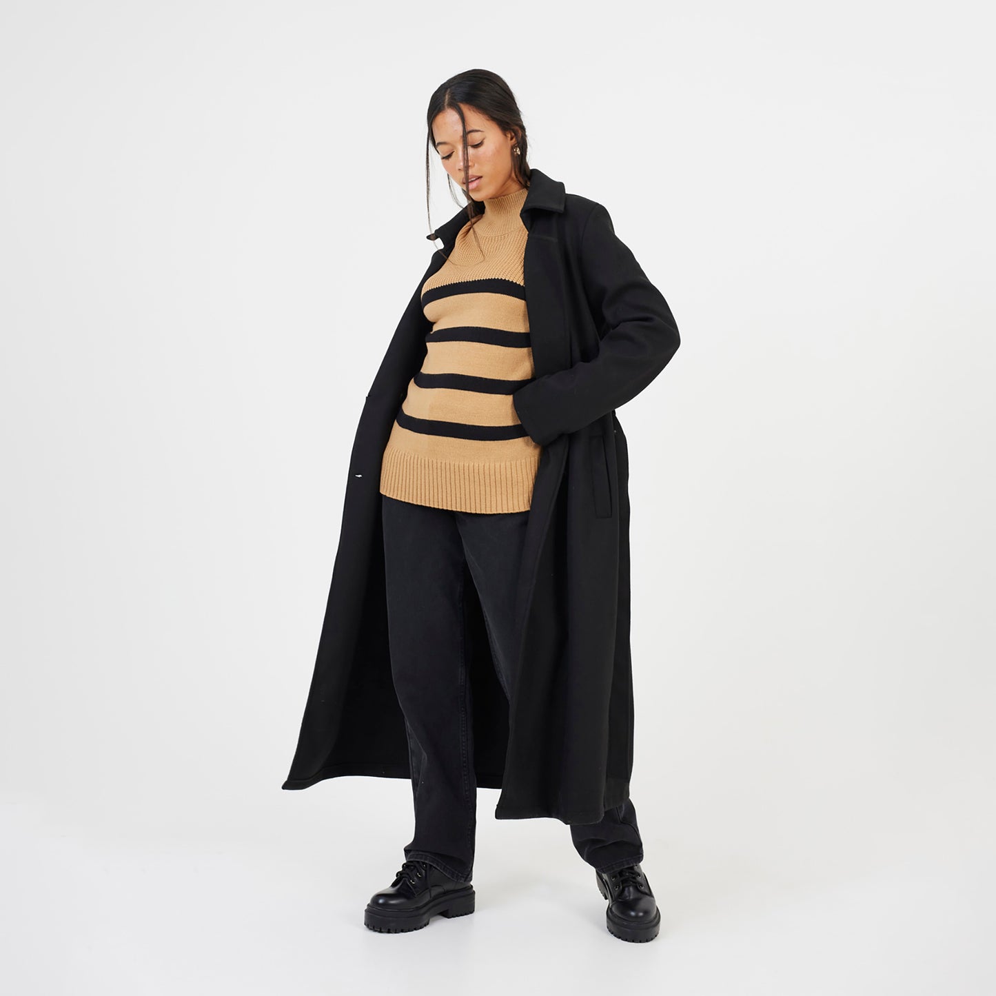 Brave Soul Camel Button Detail Striped Turtleneck Jumper - Camel Image 3