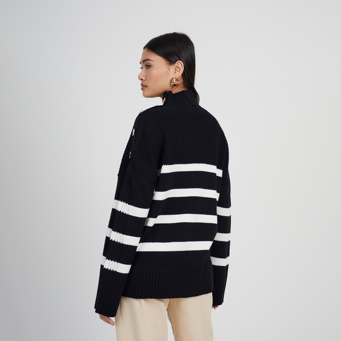 Brave Soul Black Button Detail Striped Turtleneck Jumper - Black Image 2