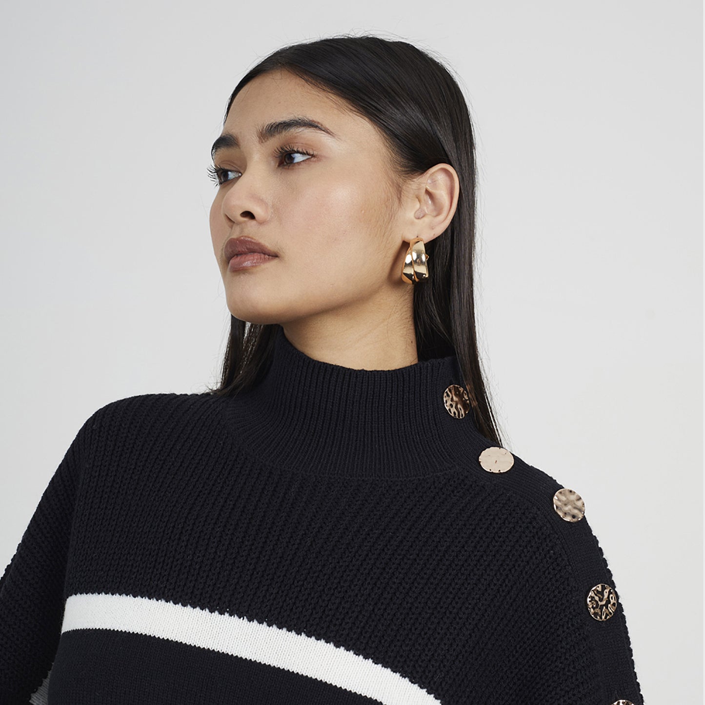 Brave Soul Black Button Detail Striped Turtleneck Jumper - Black Image 4
