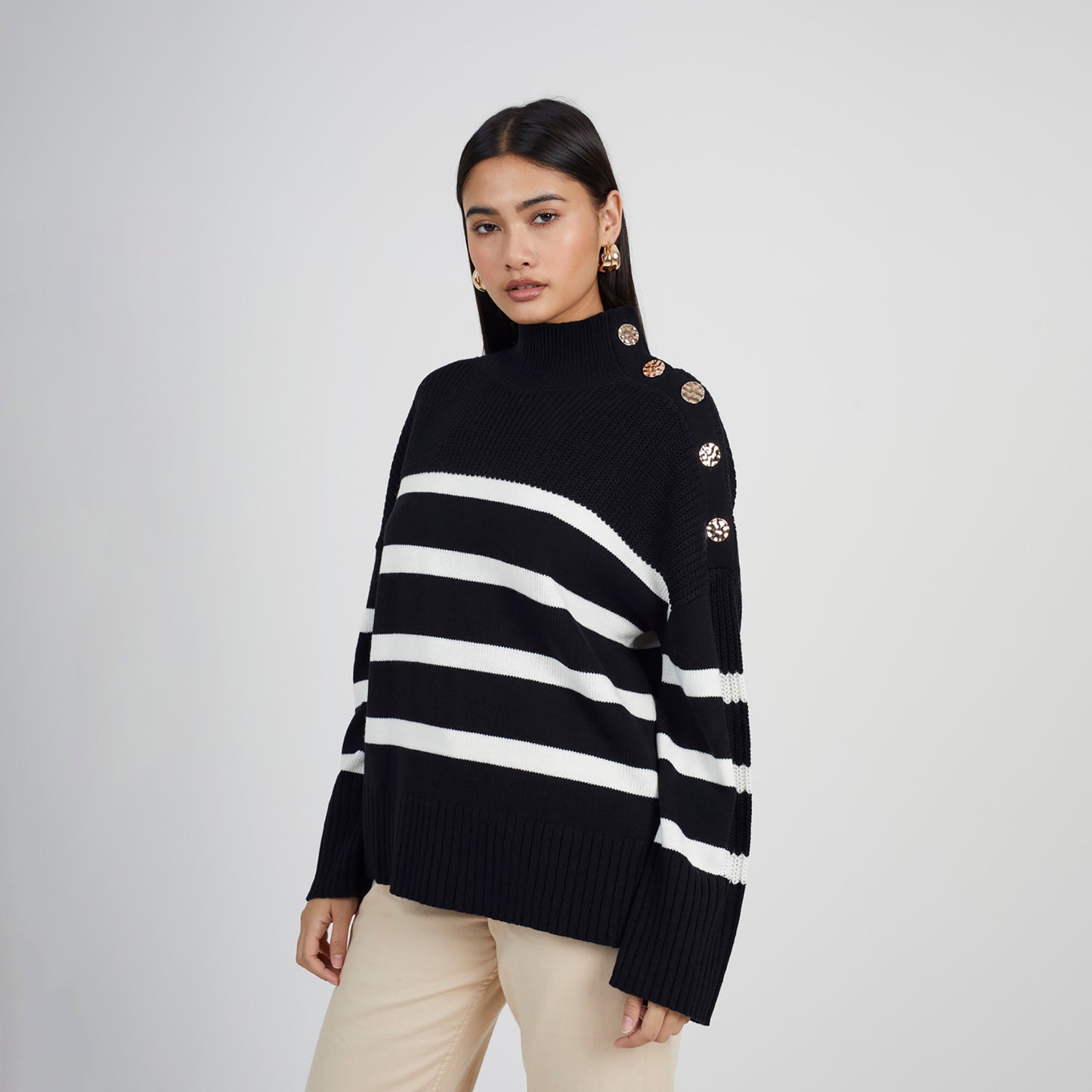 Brave Soul Black Button Detail Striped Turtleneck Jumper - Black Image 1