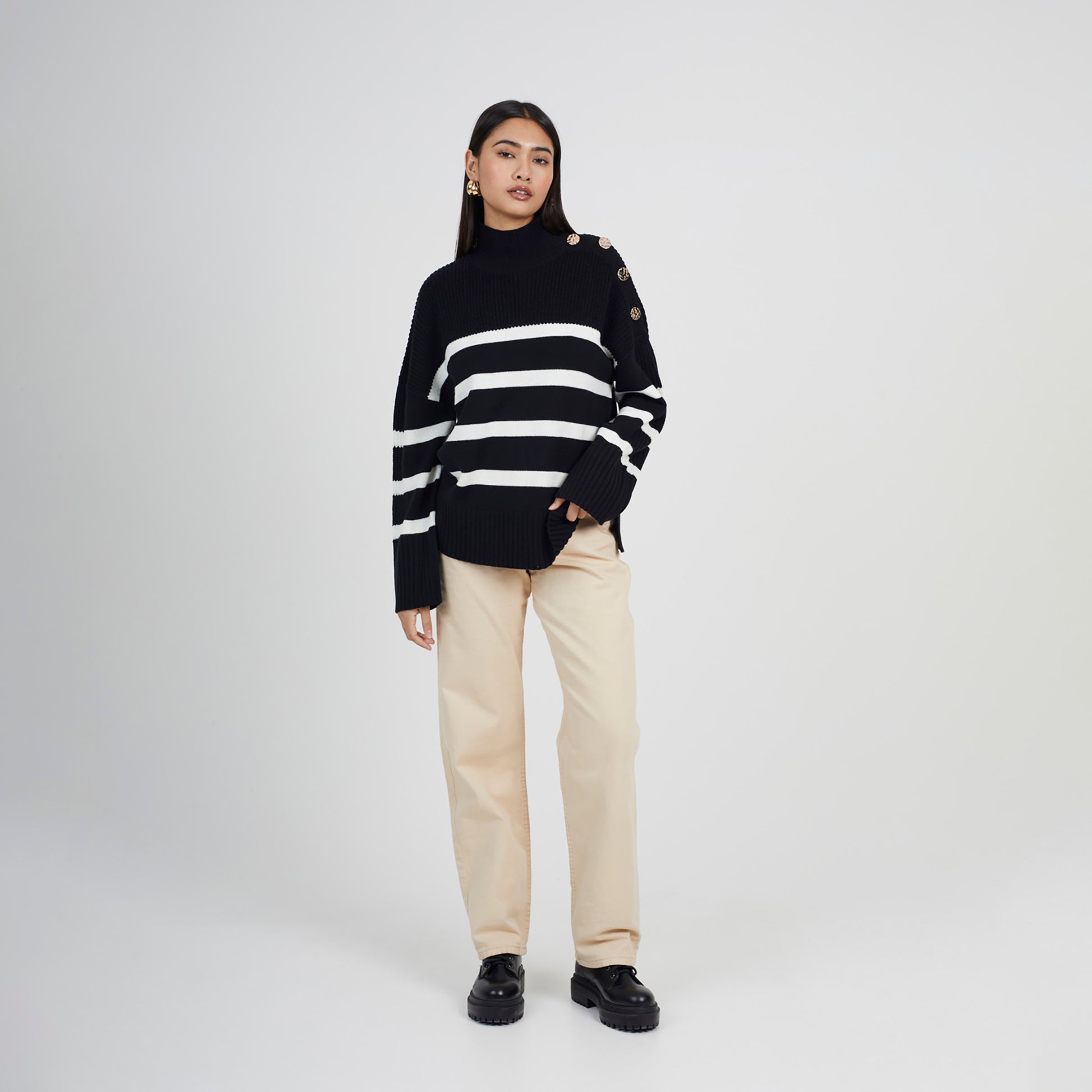 Brave Soul Black Button Detail Striped Turtleneck Jumper - Black Image 3