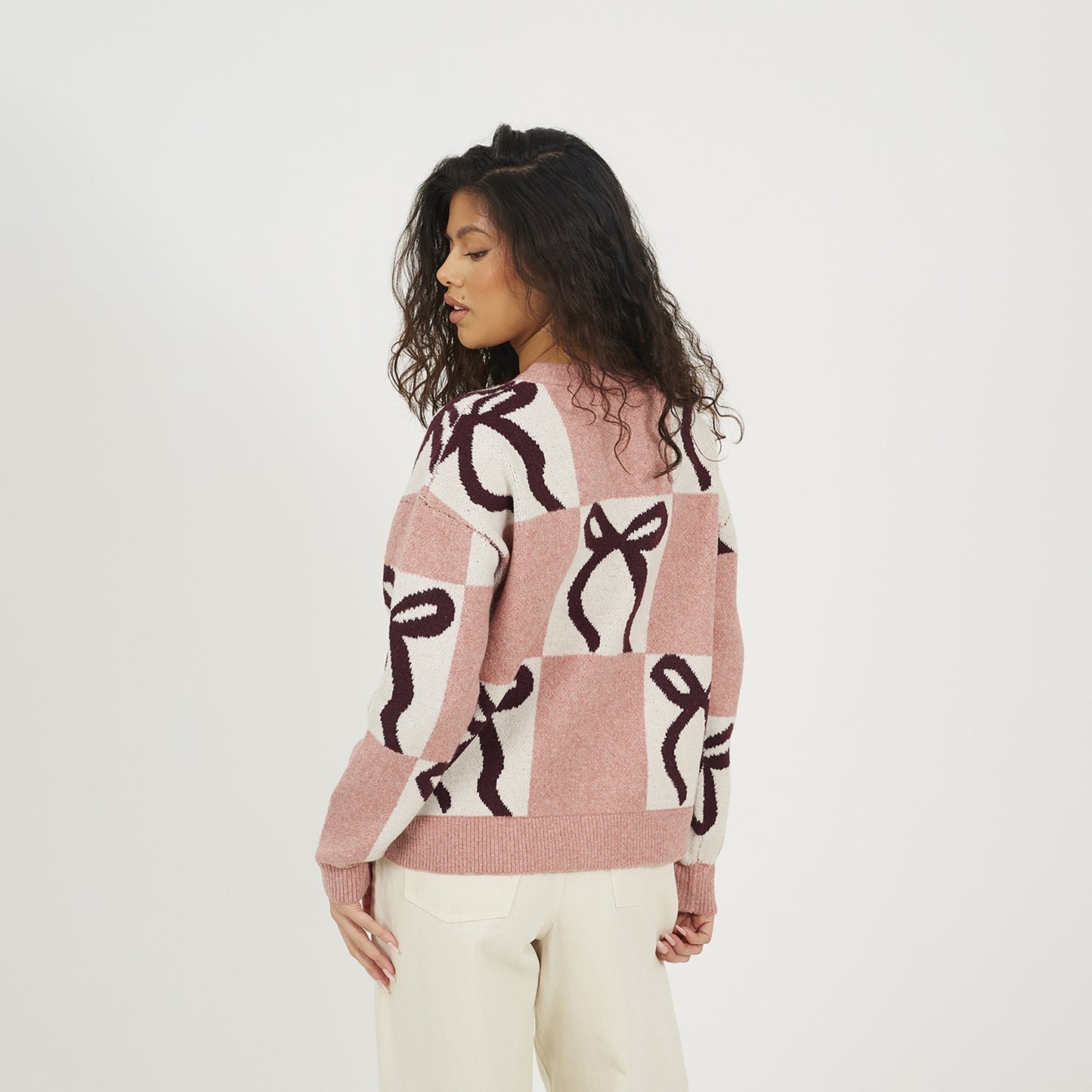 Brave Soul Pink Bow Jacquard Knit Jumper - Pink Image 2