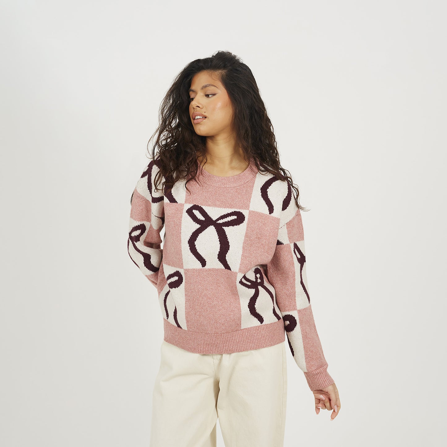 Brave Soul Pink Bow Jacquard Knit Jumper - Pink Image 1