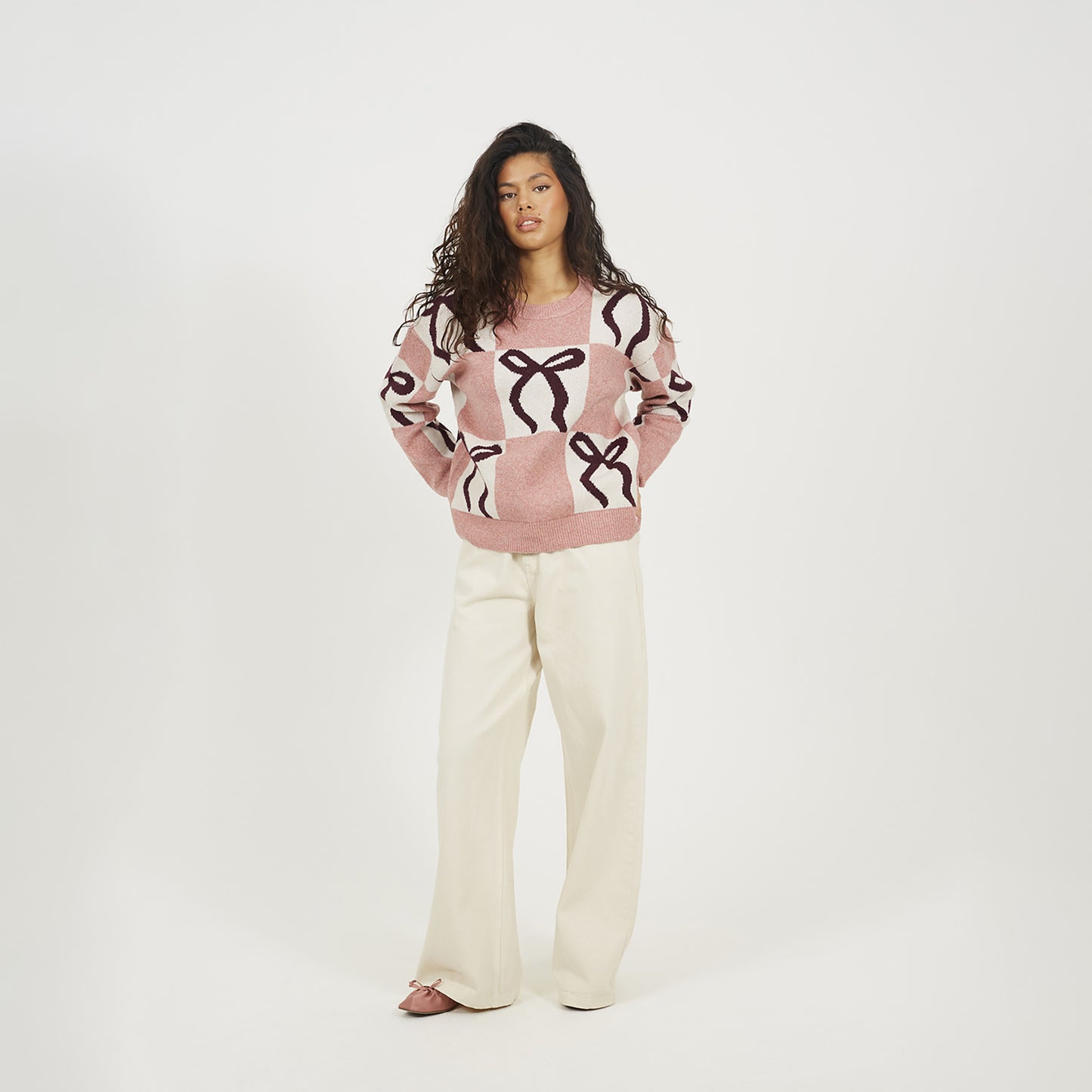 Brave Soul Pink Bow Jacquard Knit Jumper - Pink Image 3
