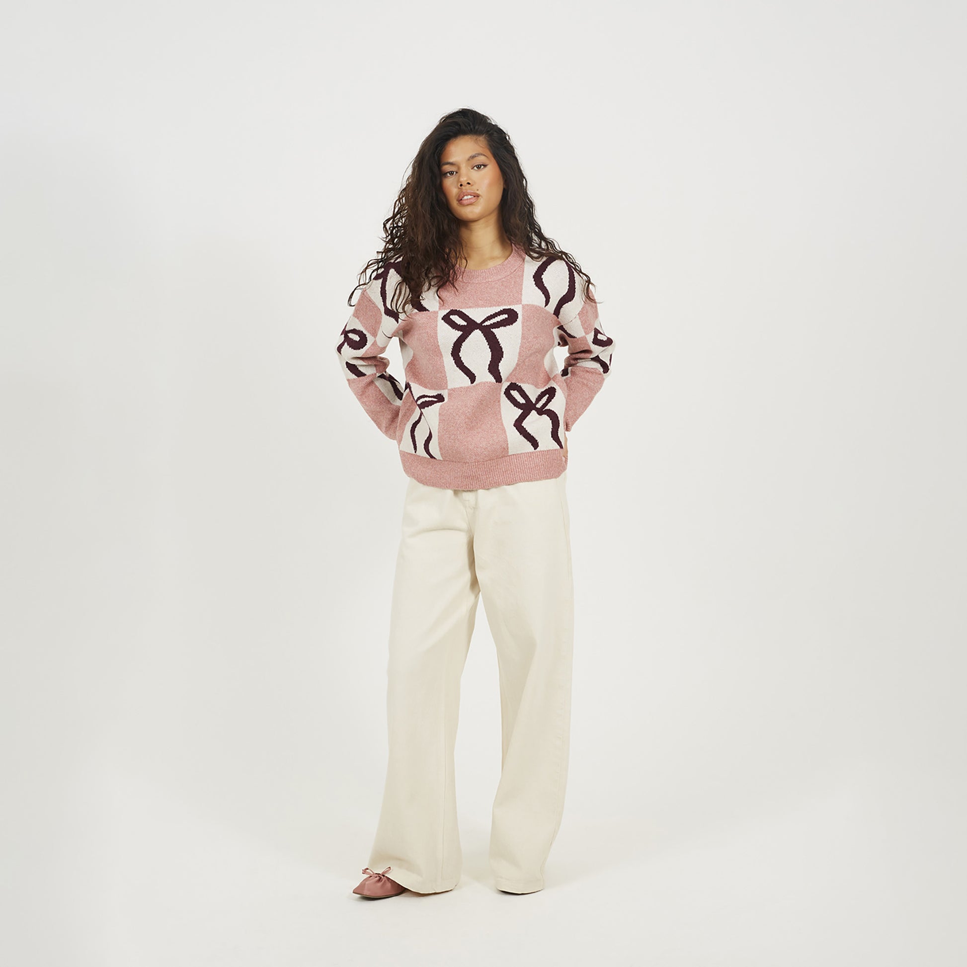 Brave Soul Pink Bow Jacquard Knit Jumper - Pink Image 3