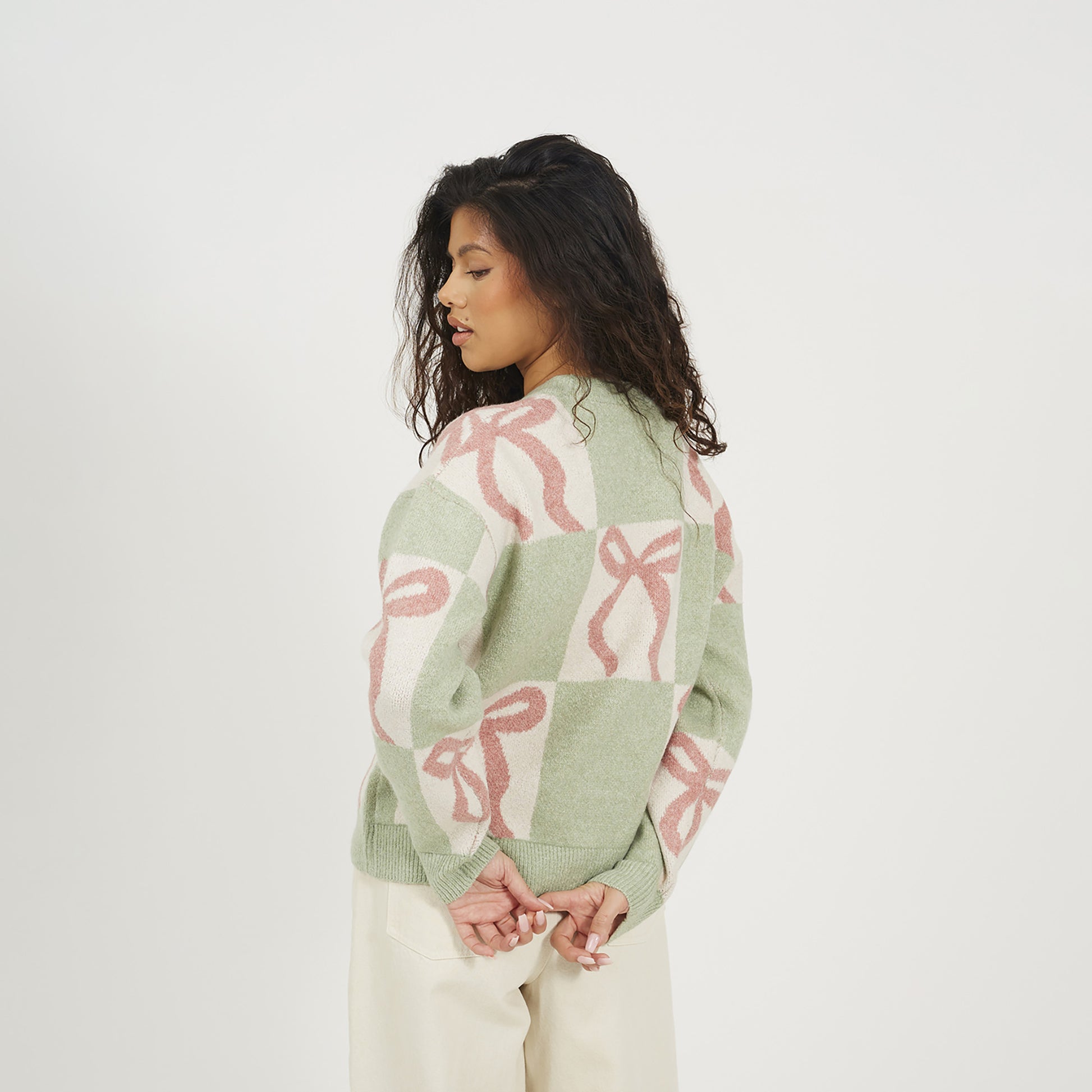 Brave Soul Pale Green Bow Jacquard Knit Jumper - Pale Green Image 2