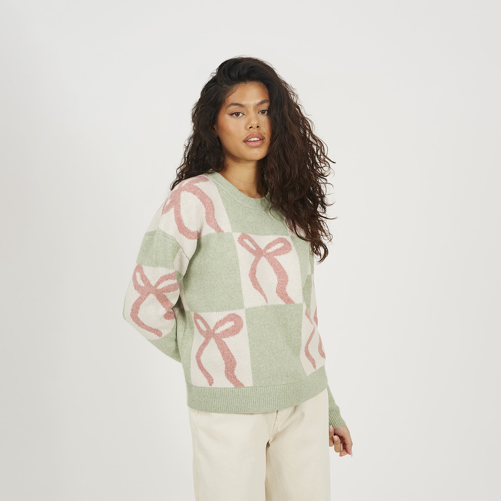 Brave Soul Pale Green Bow Jacquard Knit Jumper - Pale Green Image 1