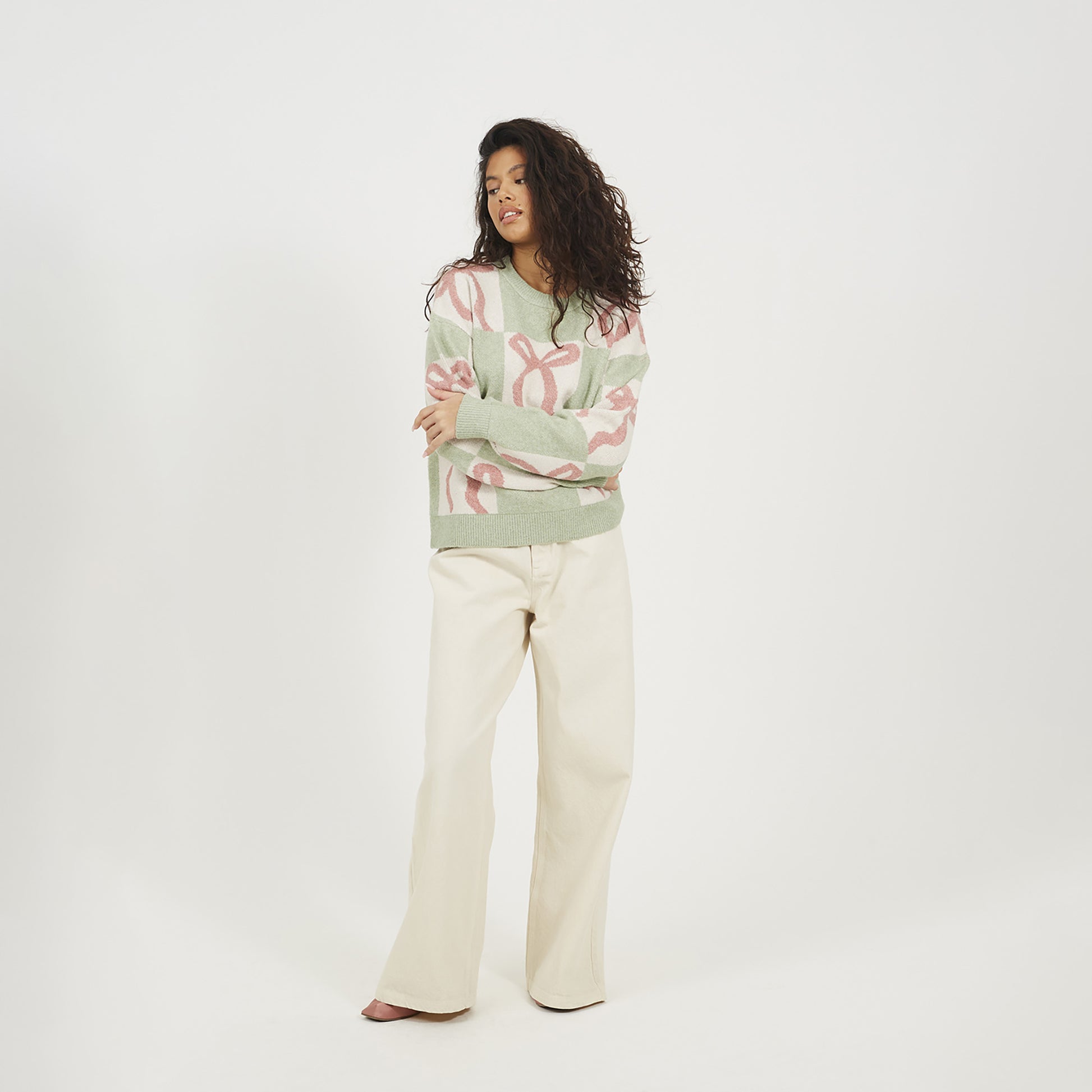 Brave Soul Pale Green Bow Jacquard Knit Jumper - Pale Green Image 3
