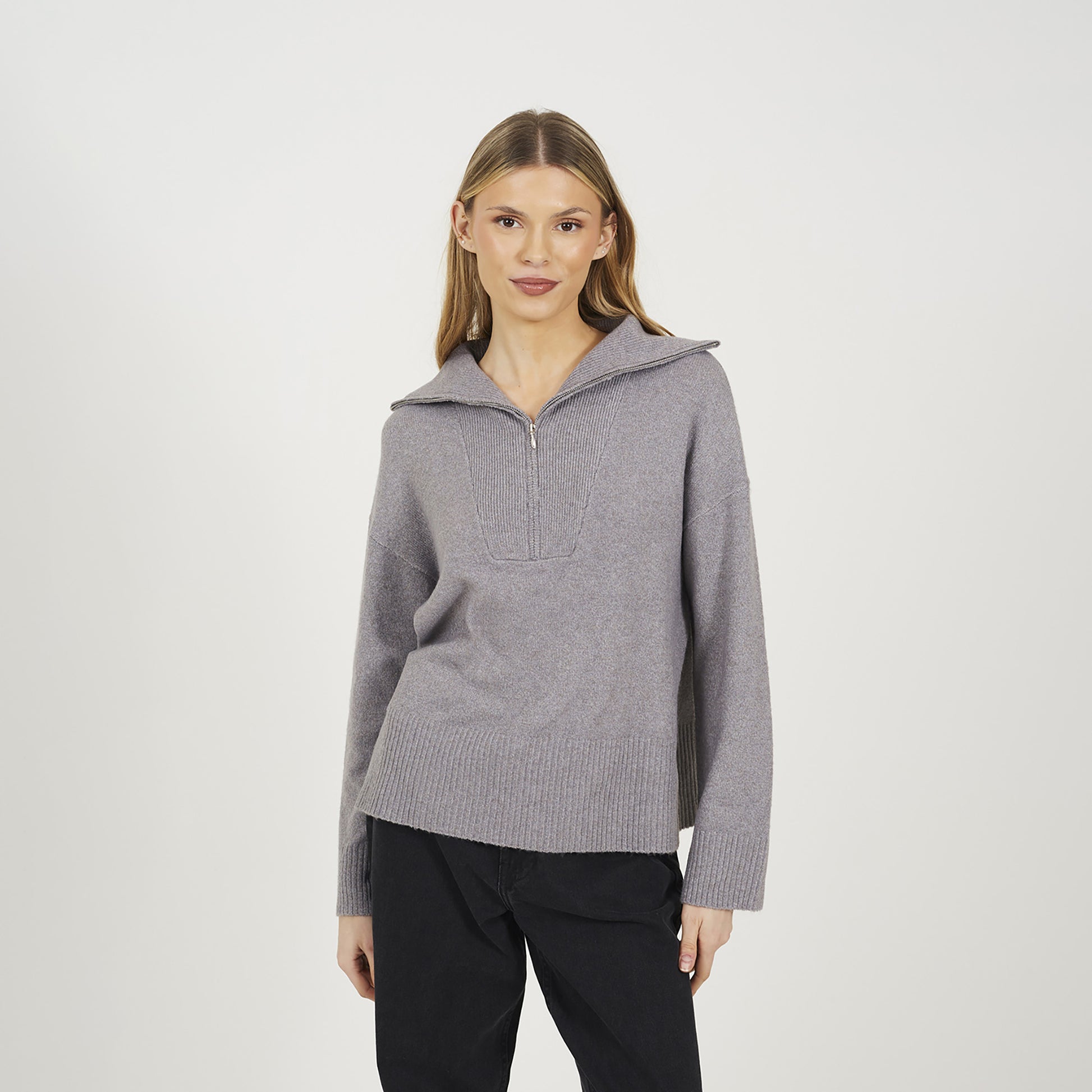Brave Soul Grey Half Zip Knitted Jumper - Grey Image 1
