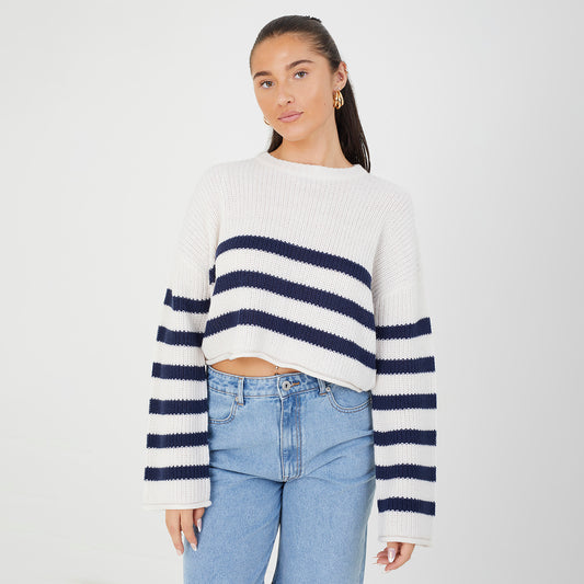 Brave Soul White Striped Cropped Knitted Jumper - White Image 1