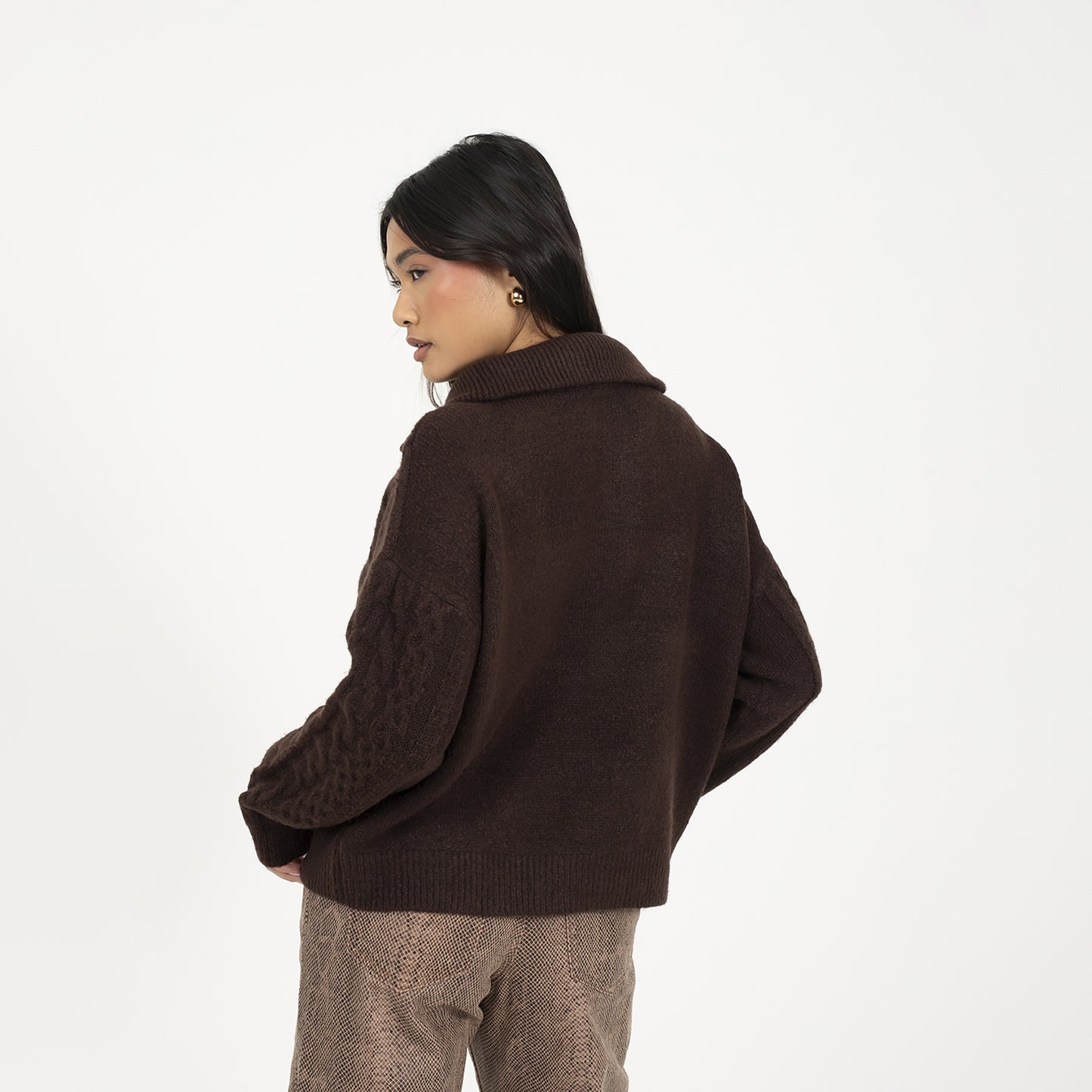Brave Soul Brown Quarter Zip Cable Knit Jumper - Brown Image 2