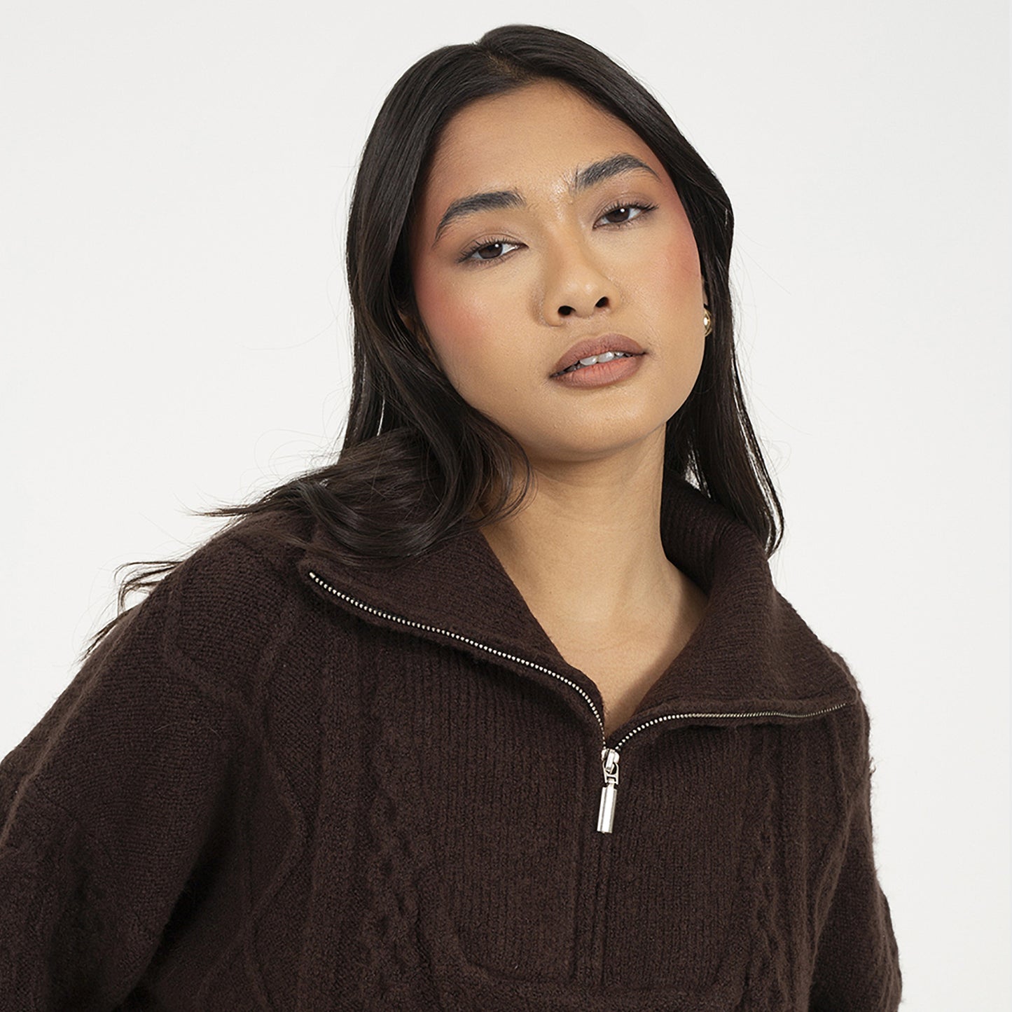 Brave Soul Brown Quarter Zip Cable Knit Jumper - Brown Image 4