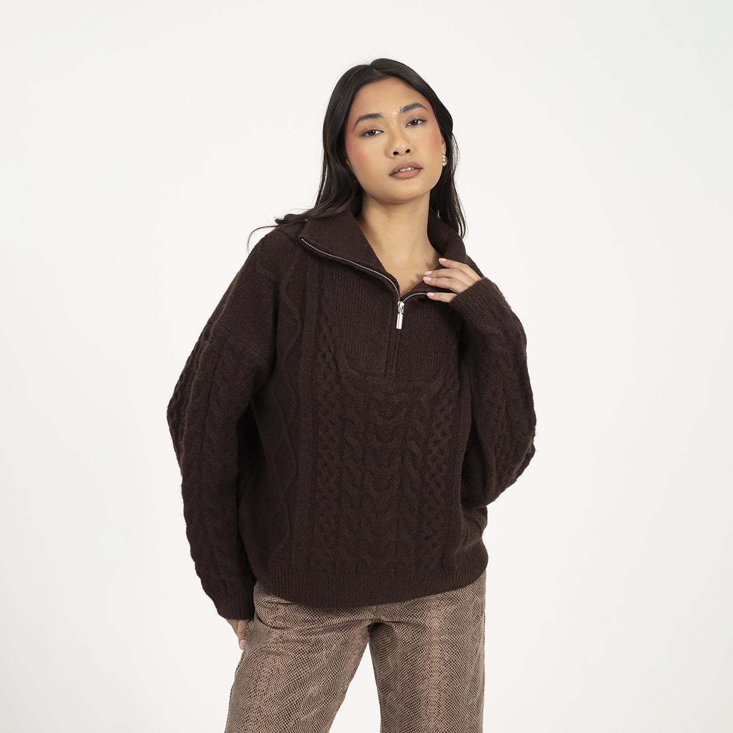 Brave Soul Brown Quarter Zip Cable Knit Jumper - Brown Image 1