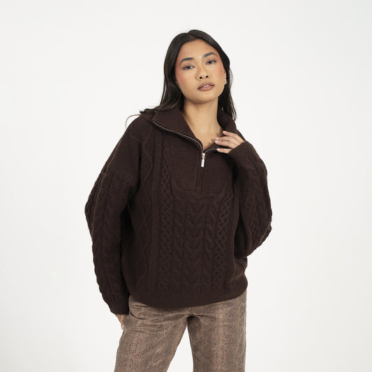 Brave Soul Brown Quarter Zip Cable Knit Jumper - Brown Image 1