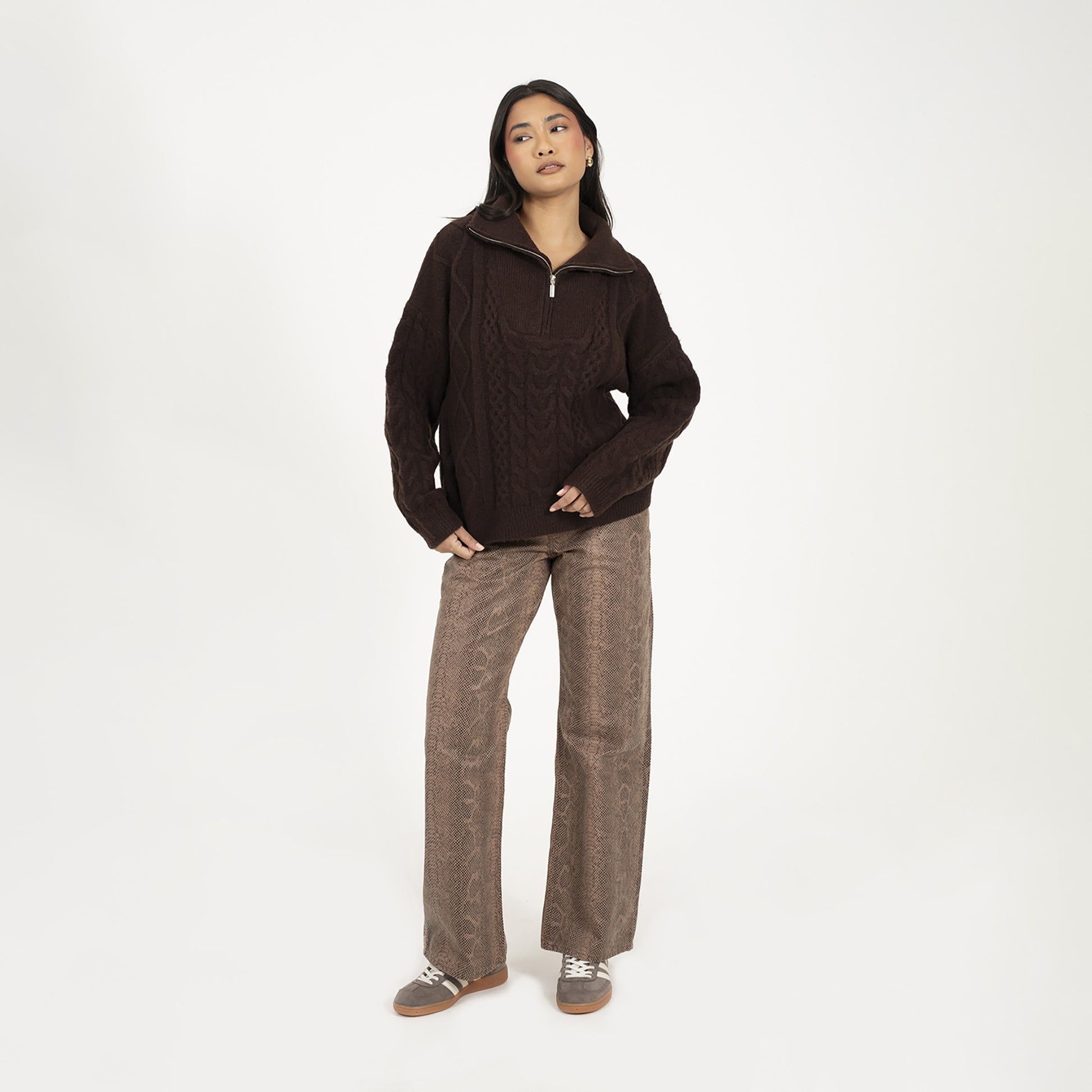 Brave Soul Brown Quarter Zip Cable Knit Jumper - Brown Image 3