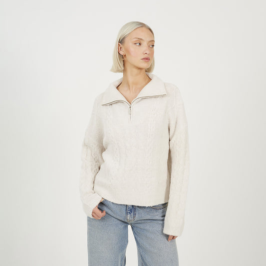 Brave Soul Beige Quarter Zip Cable Knit Jumper - Beige Image 1