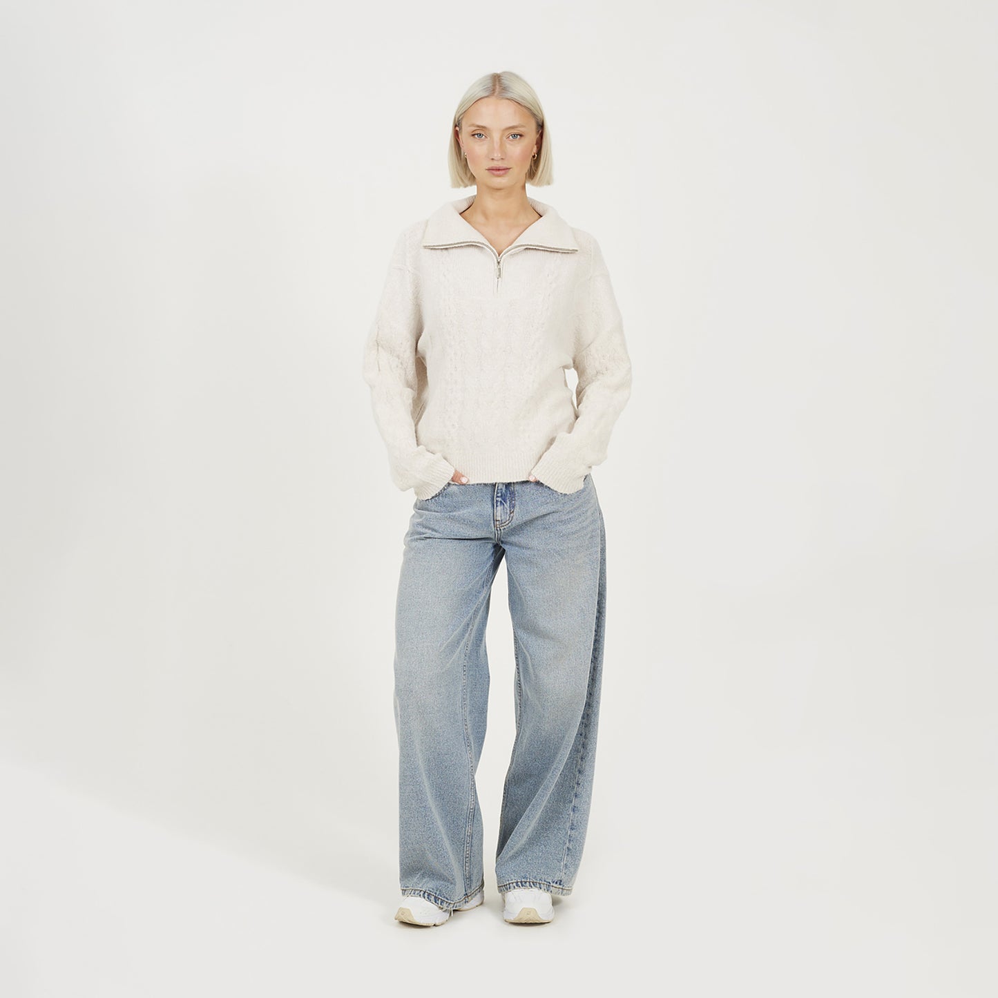 Brave Soul Beige Quarter Zip Cable Knit Jumper - Beige Image 3