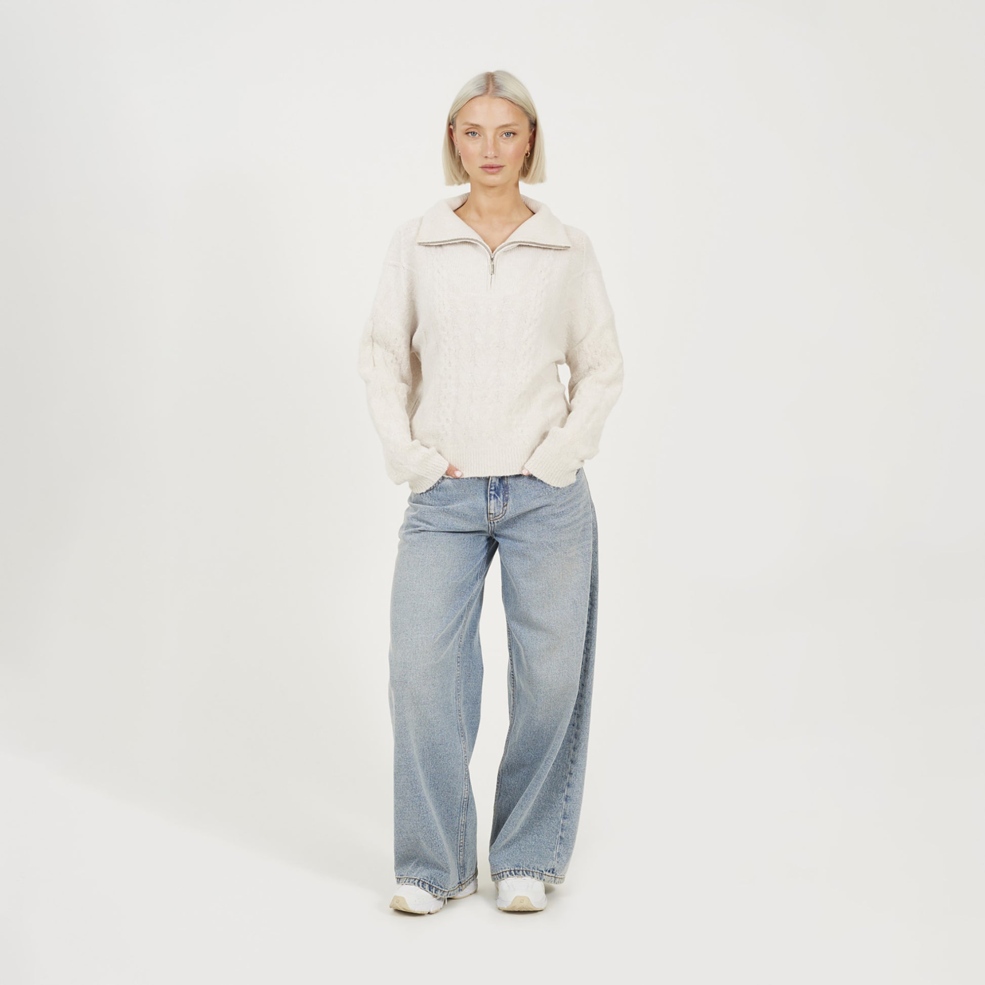 Brave Soul Beige Quarter Zip Cable Knit Jumper - Beige Image 3