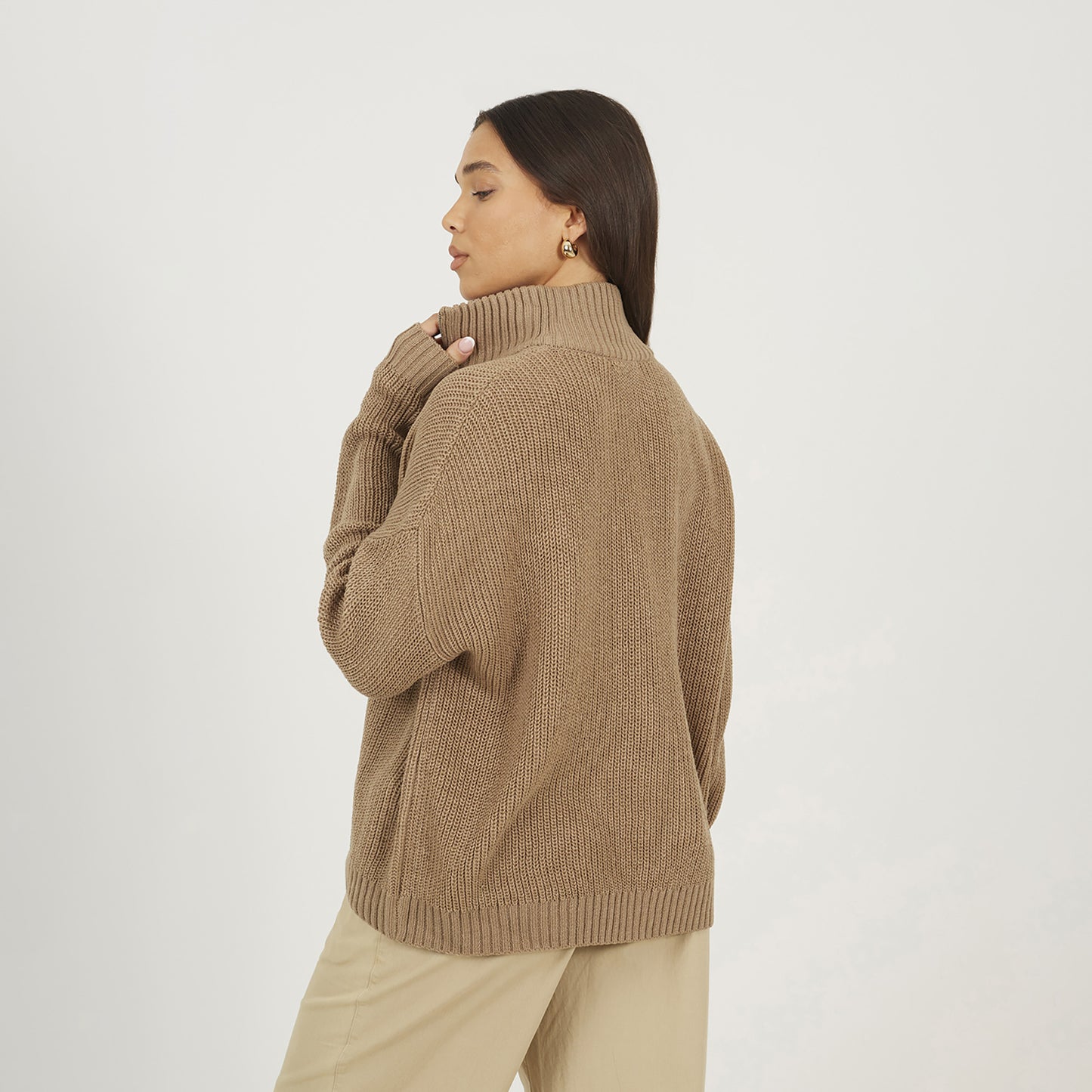 Brave Soul Beige Half Zip Funnel Neck Fisherman Knit Jumper - Beige Image 2