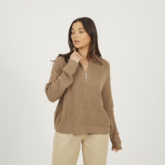 Brave Soul Beige Half Zip Funnel Neck Fisherman Knit Jumper - Beige Image 1