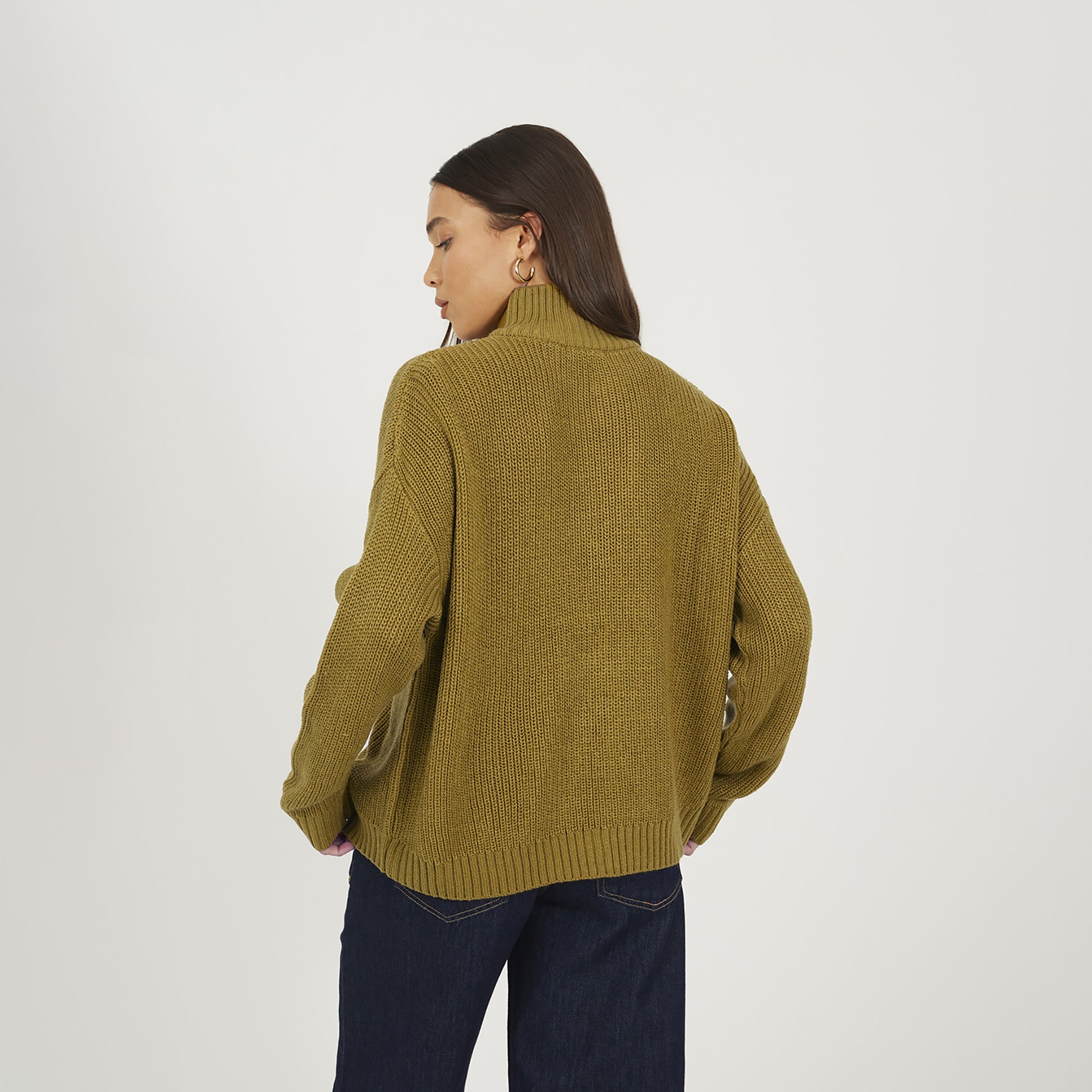 Brave Soul Olive Half Zip Funnel Neck Fisherman Knit Jumper - Olive Image 2
