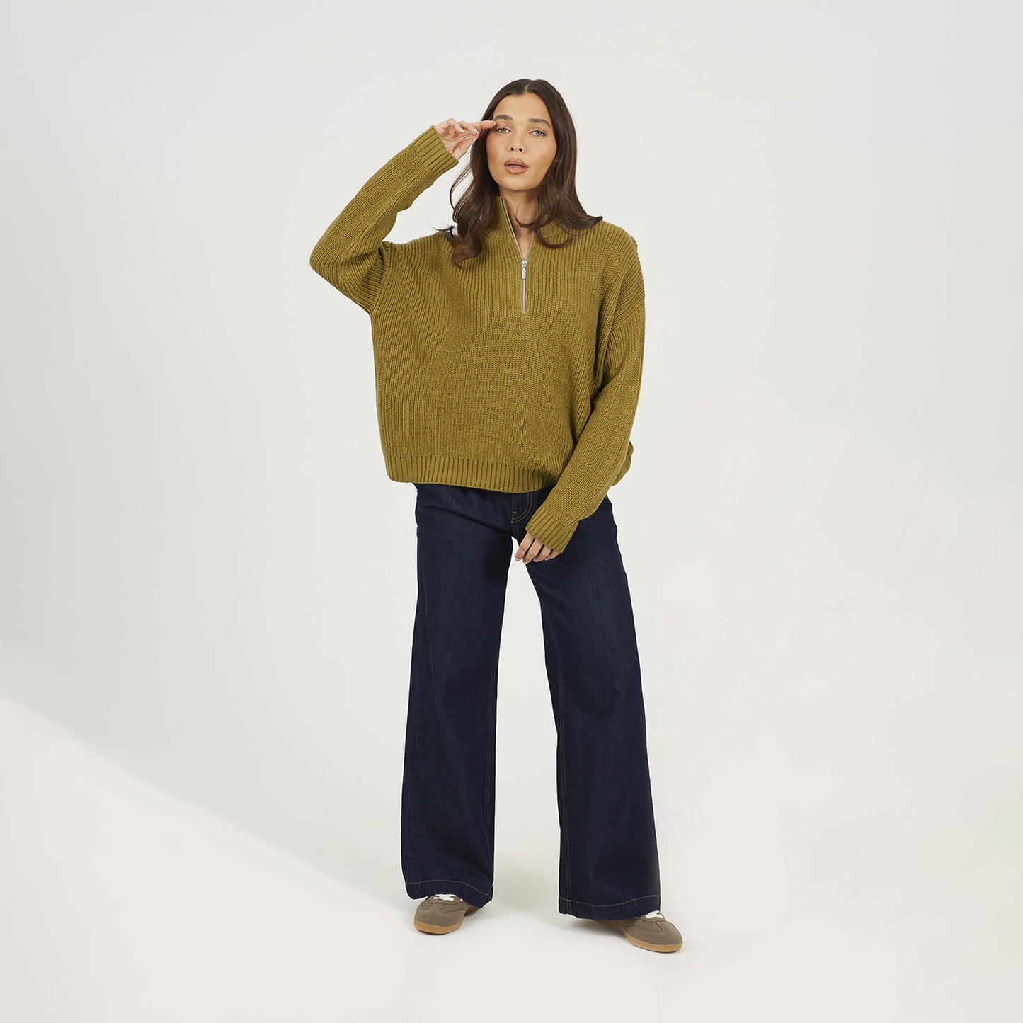 Brave Soul Olive Half Zip Funnel Neck Fisherman Knit Jumper - Olive Image 3