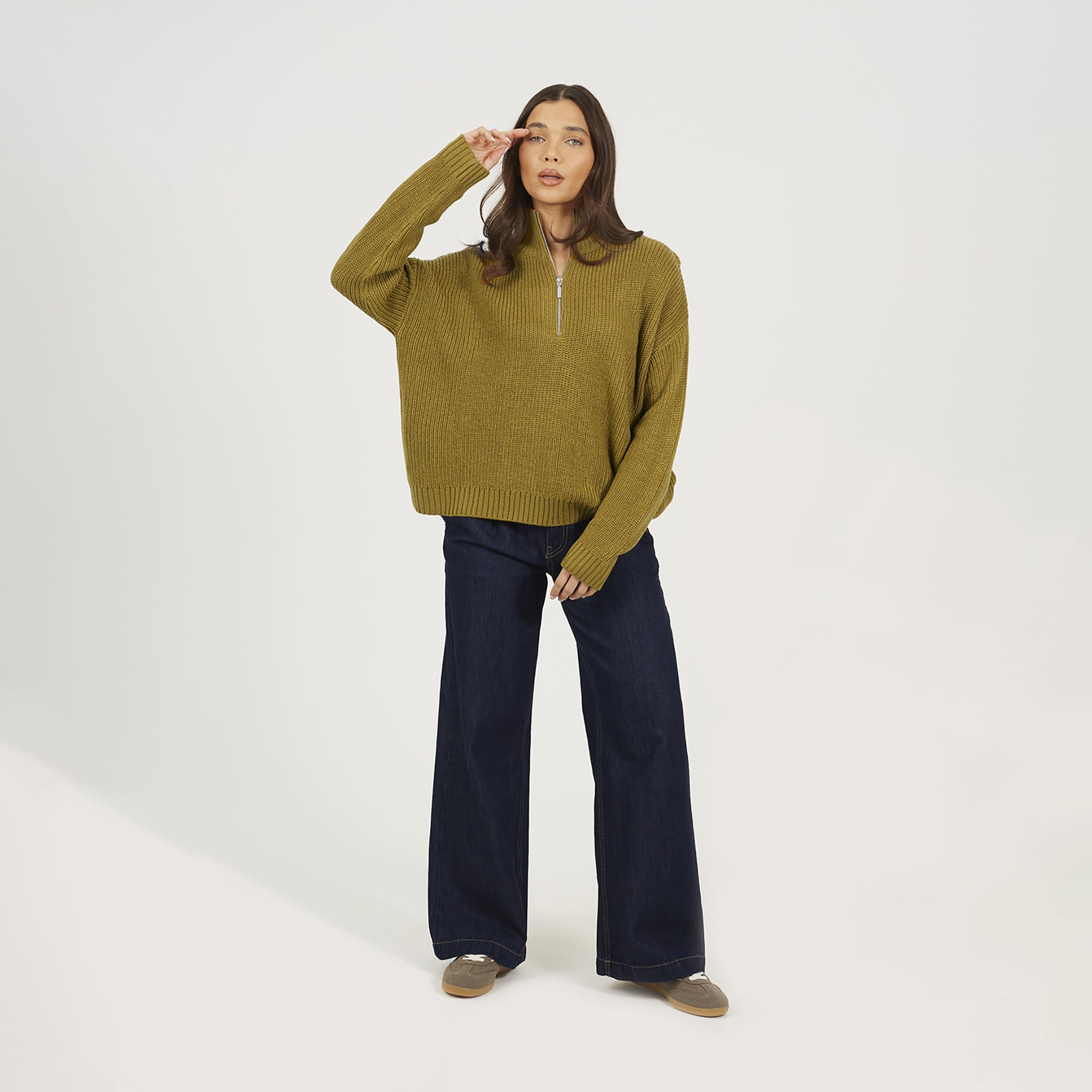 Brave Soul Olive Half Zip Funnel Neck Fisherman Knit Jumper - Olive Image 3