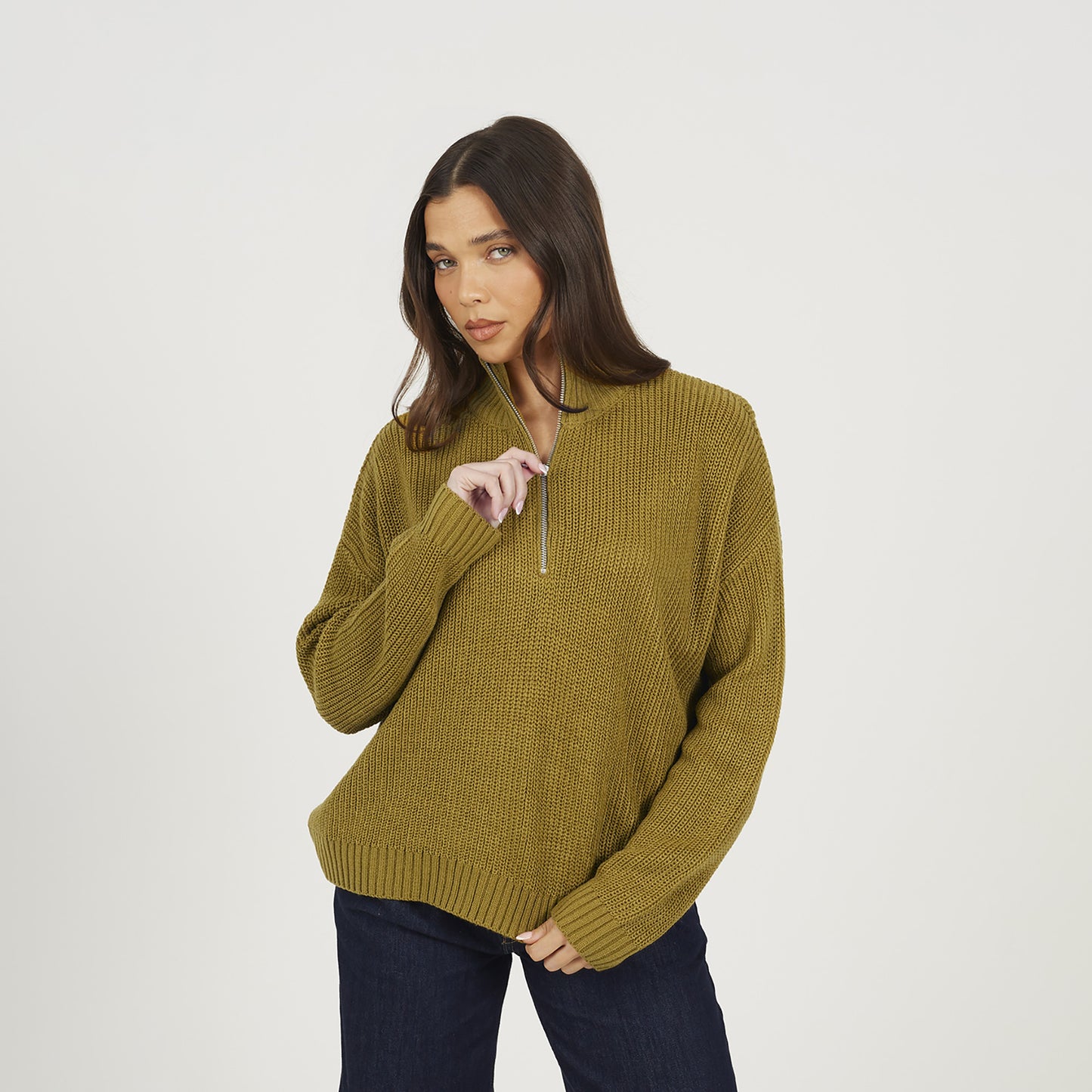 Brave Soul Olive Half Zip Funnel Neck Fisherman Knit Jumper - Olive Image 1
