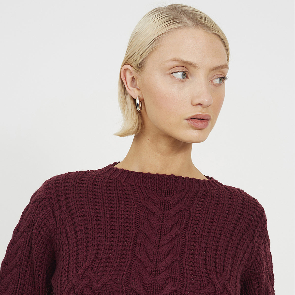 Brave Soul Burgundy Crew Neck Cable Knit Jumper - Burgundy Image 4