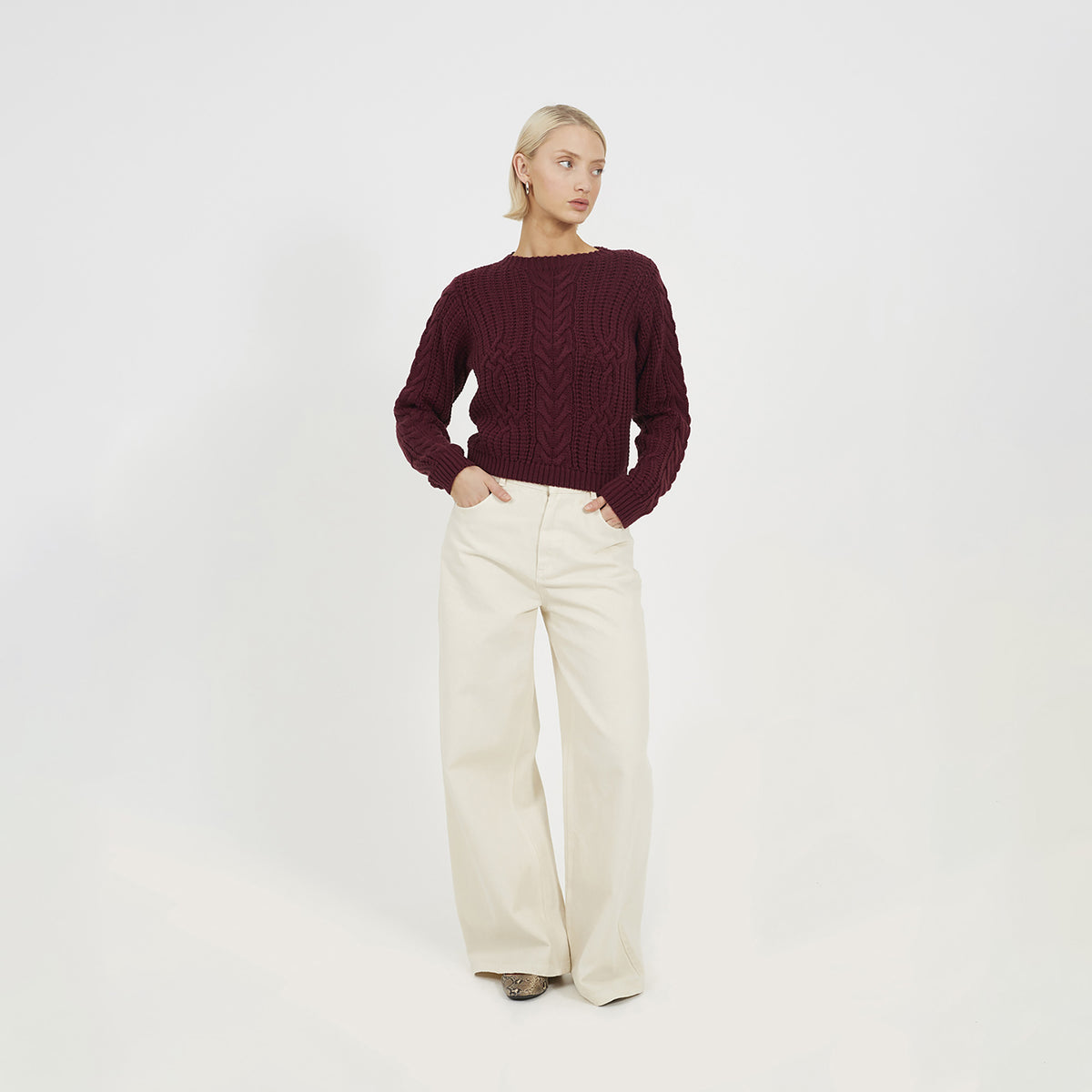Brave Soul Burgundy Crew Neck Cable Knit Jumper - Burgundy Image 3