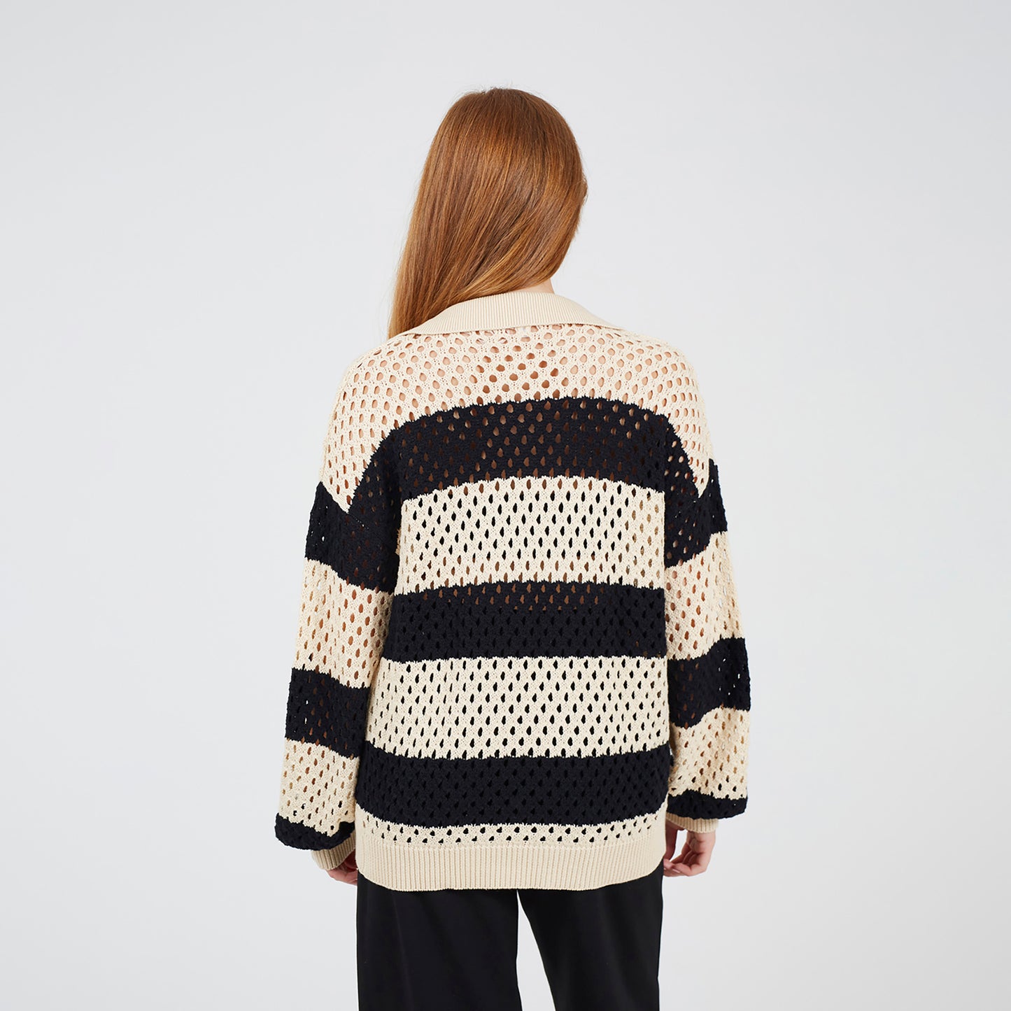 Brave Soul Stone Lightweight Stripe Open Knit Jumper - Stone Image 2