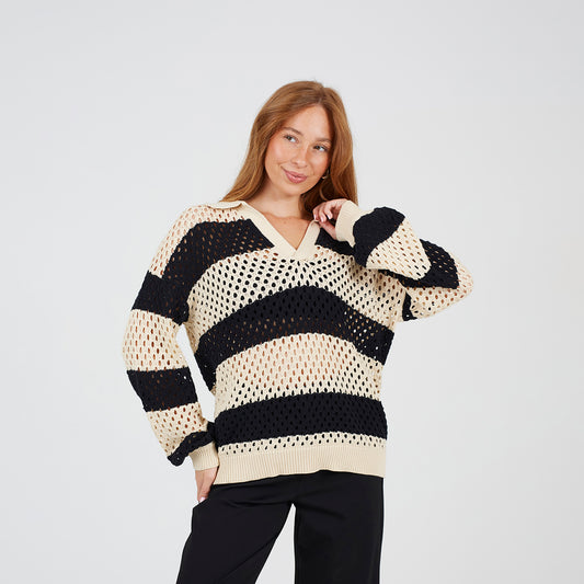 Brave Soul Stone Lightweight Stripe Open Knit Jumper - Stone Image 1