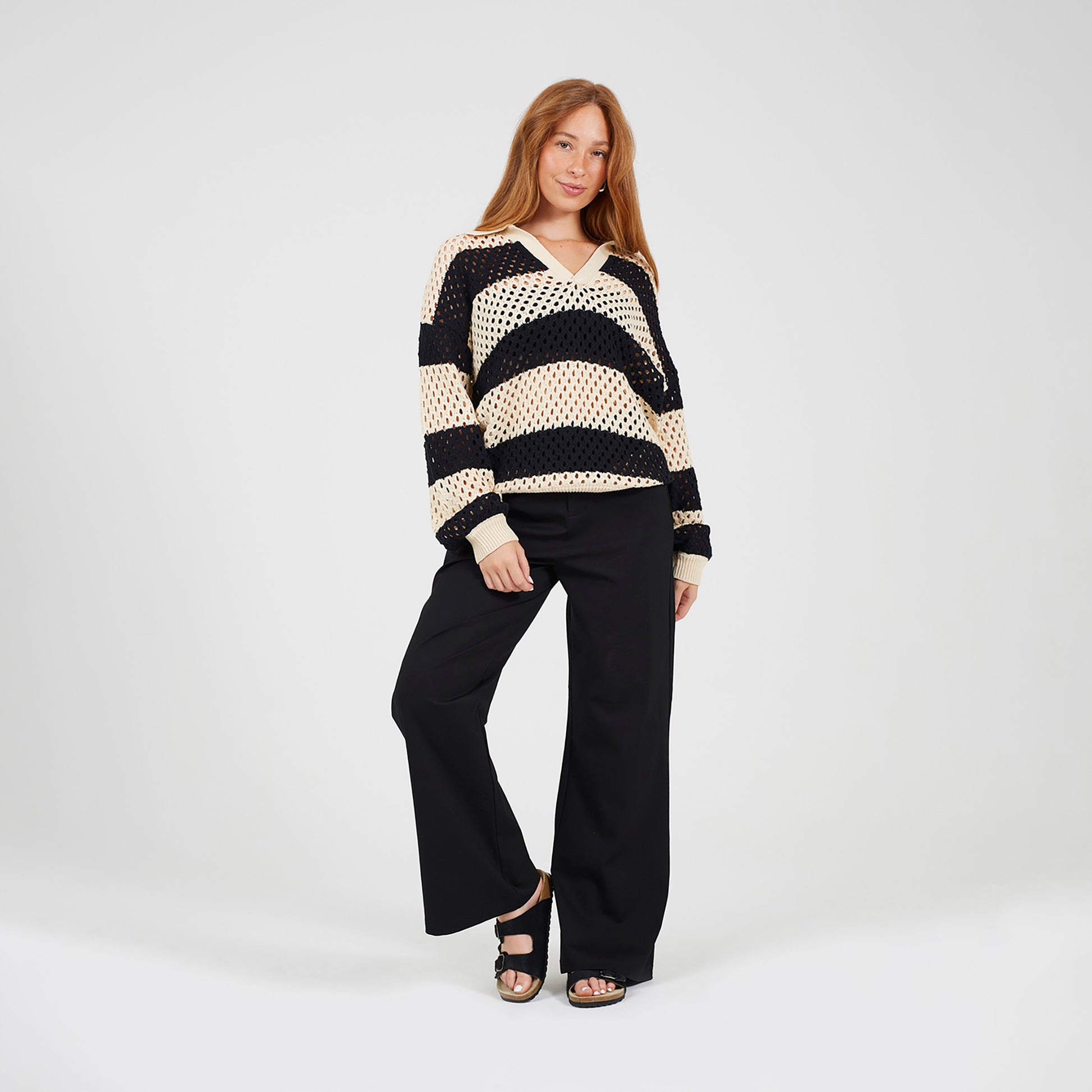Brave Soul Stone Lightweight Stripe Open Knit Jumper - Stone Image 3