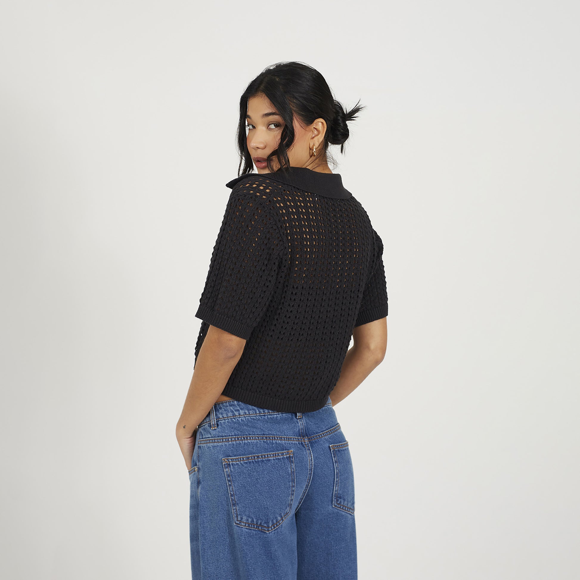 Brave Soul Black Pointelle Knit Collared T-Shirt - Black Image 2
