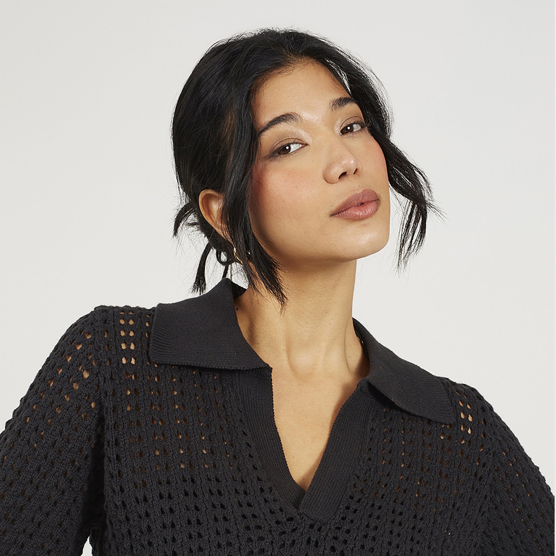 Brave Soul Black Pointelle Knit Collared T-Shirt - Black Image 4