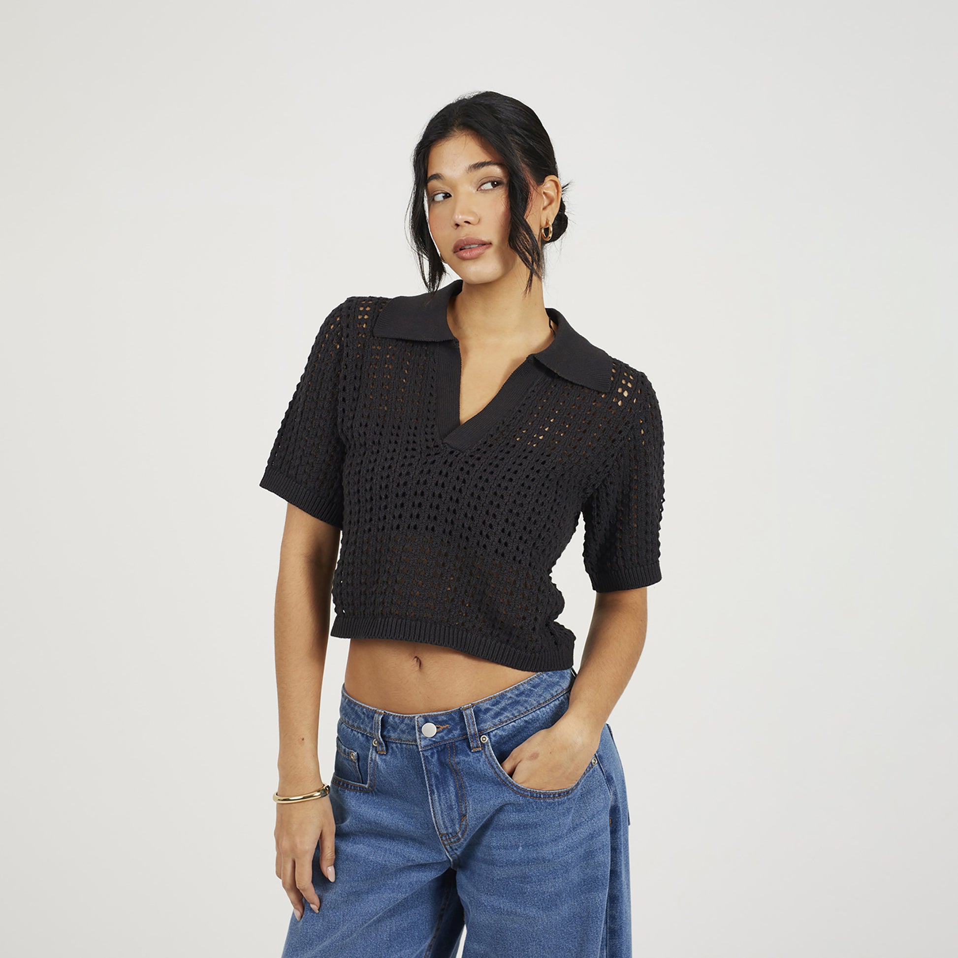 Brave Soul Black Pointelle Knit Collared T-Shirt - Black Image 1