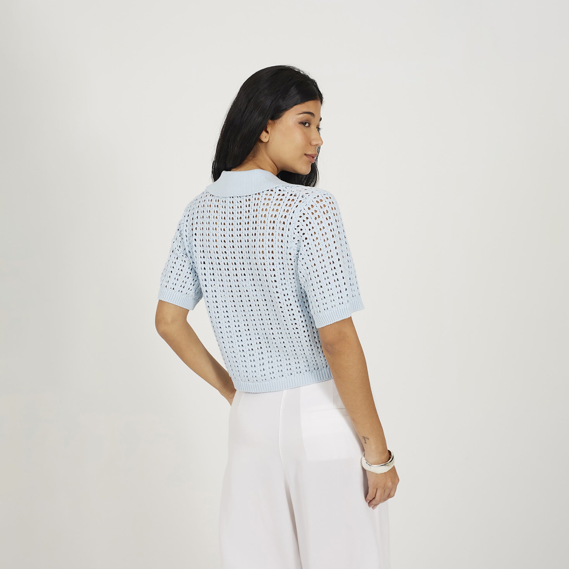 Brave Soul Blue Pointelle Knit Collared T-Shirt - Blue Image 2