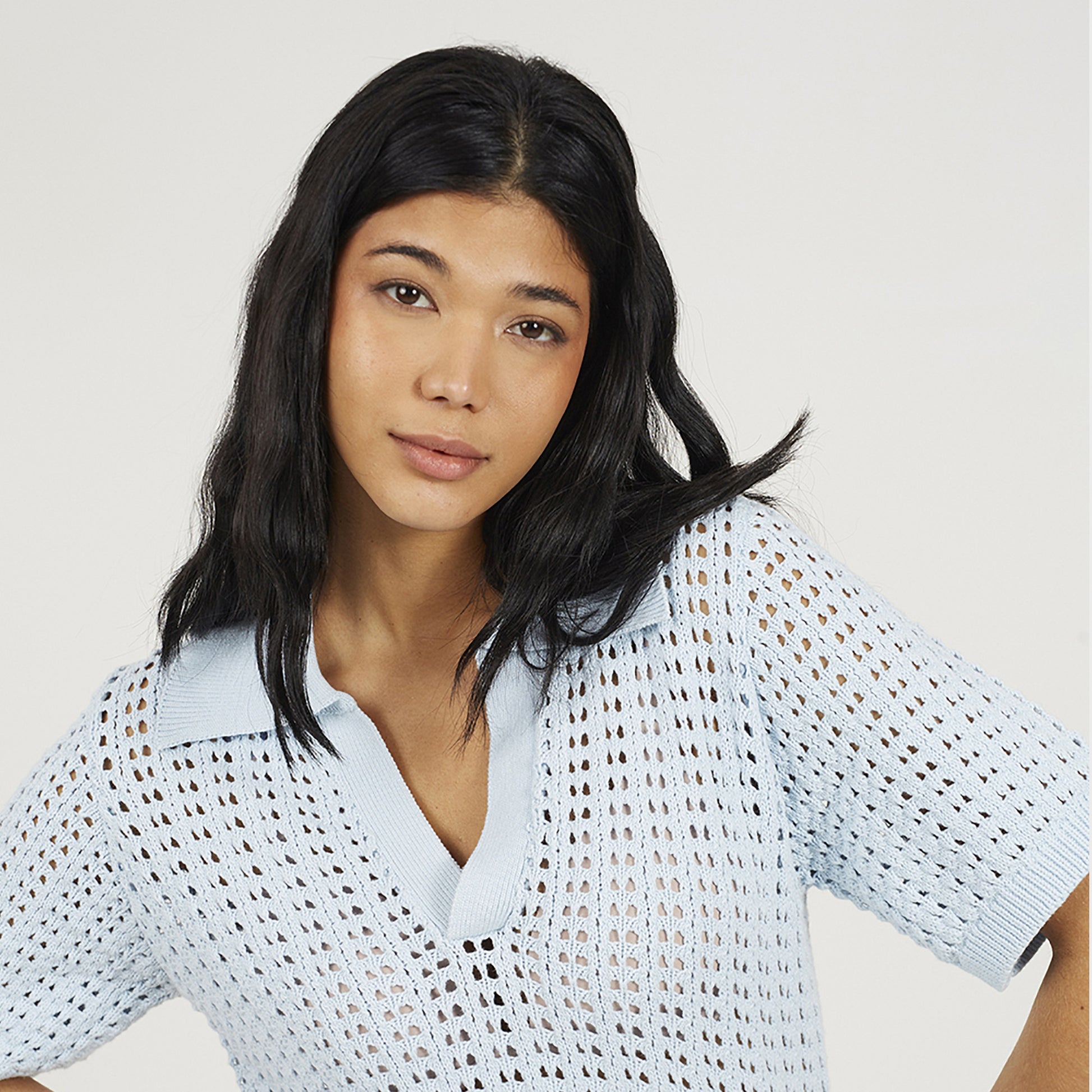 Brave Soul Blue Pointelle Knit Collared T-Shirt - Blue Image 4