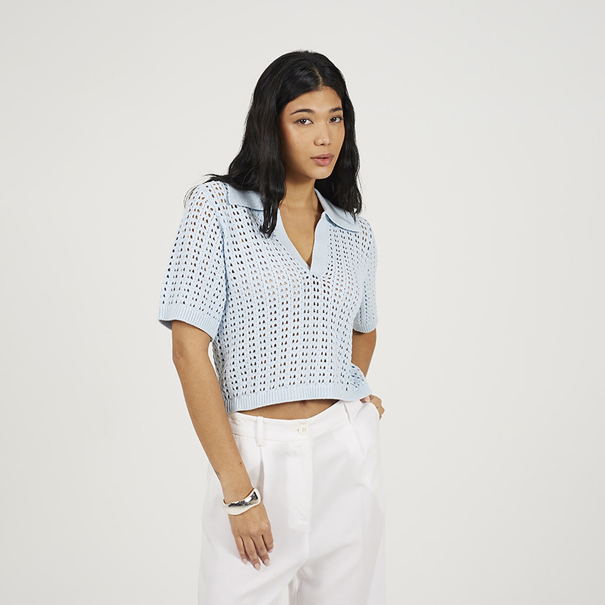 Brave Soul Blue Pointelle Knit Collared T-Shirt - Blue Image 1
