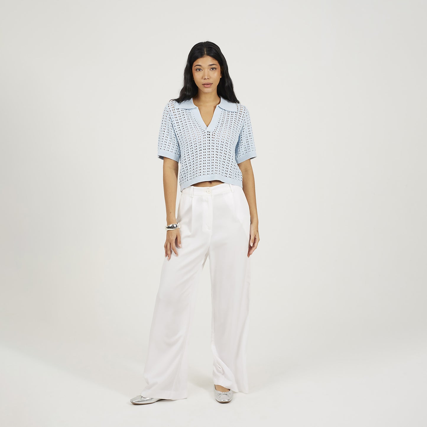 Brave Soul Blue Pointelle Knit Collared T-Shirt - Blue Image 3