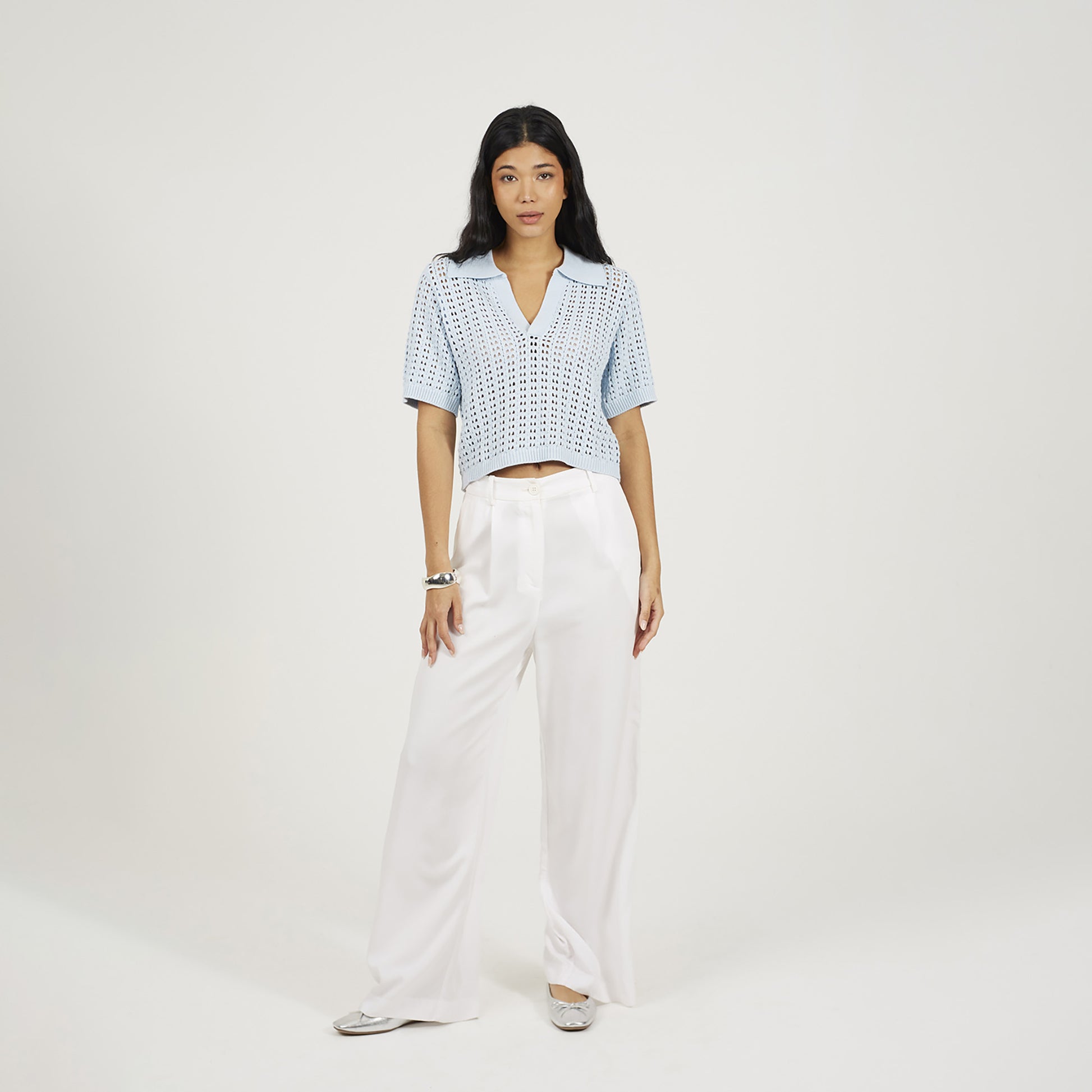 Brave Soul Blue Pointelle Knit Collared T-Shirt - Blue Image 3