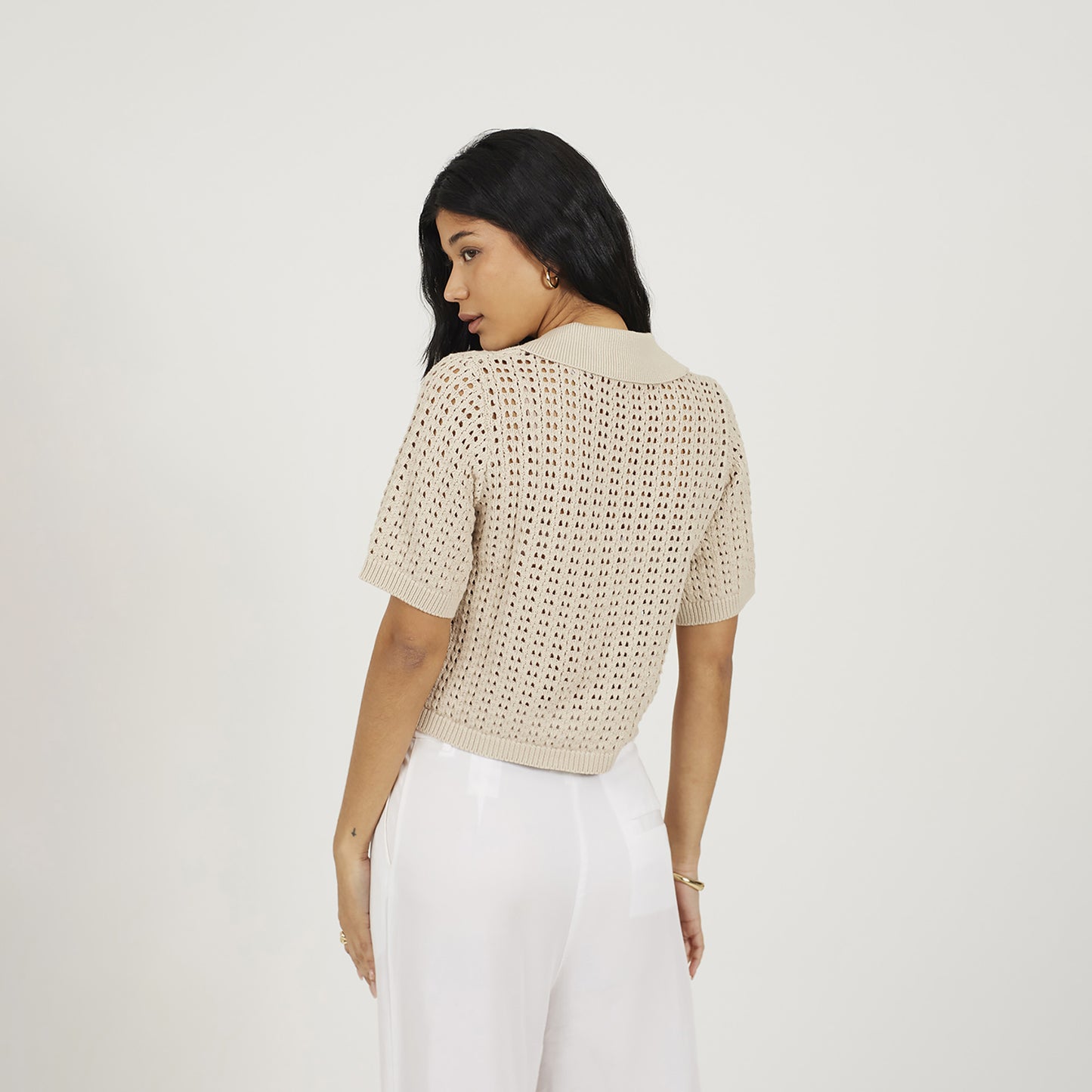 Brave Soul Stone Pointelle Knit Collared T-Shirt - Stone Image 2