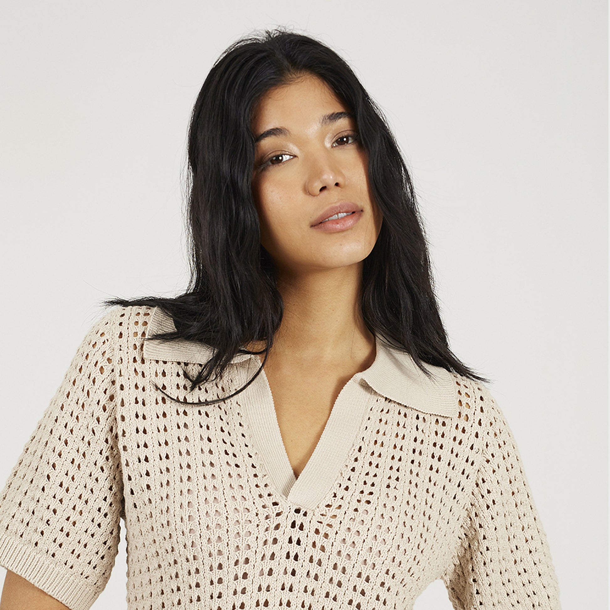 Brave Soul Stone Pointelle Knit Collared T-Shirt - Stone Image 4