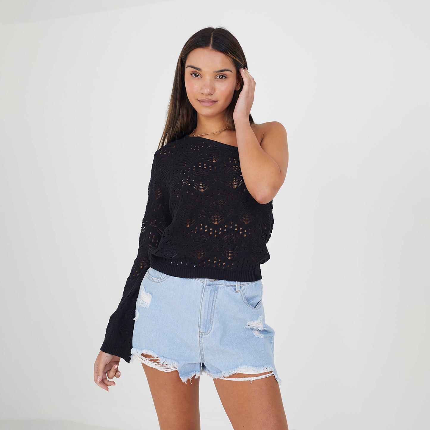 Brave Soul Black Asymmetric Off the Shoulder Jumper - Black Image 1
