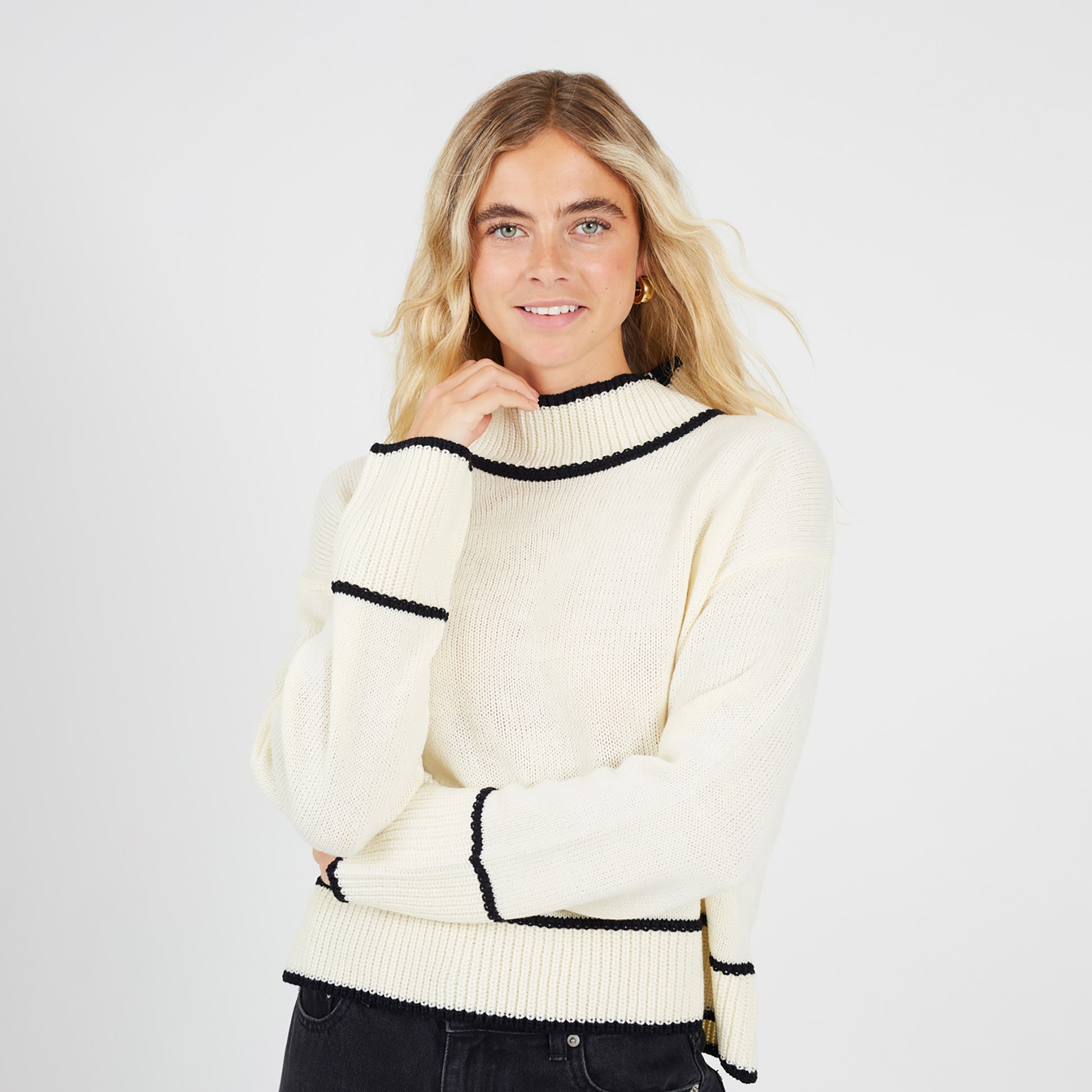Brave Soul Cream Turtleneck Knitted Jumper with Contrast Trim - Cream Image 4
