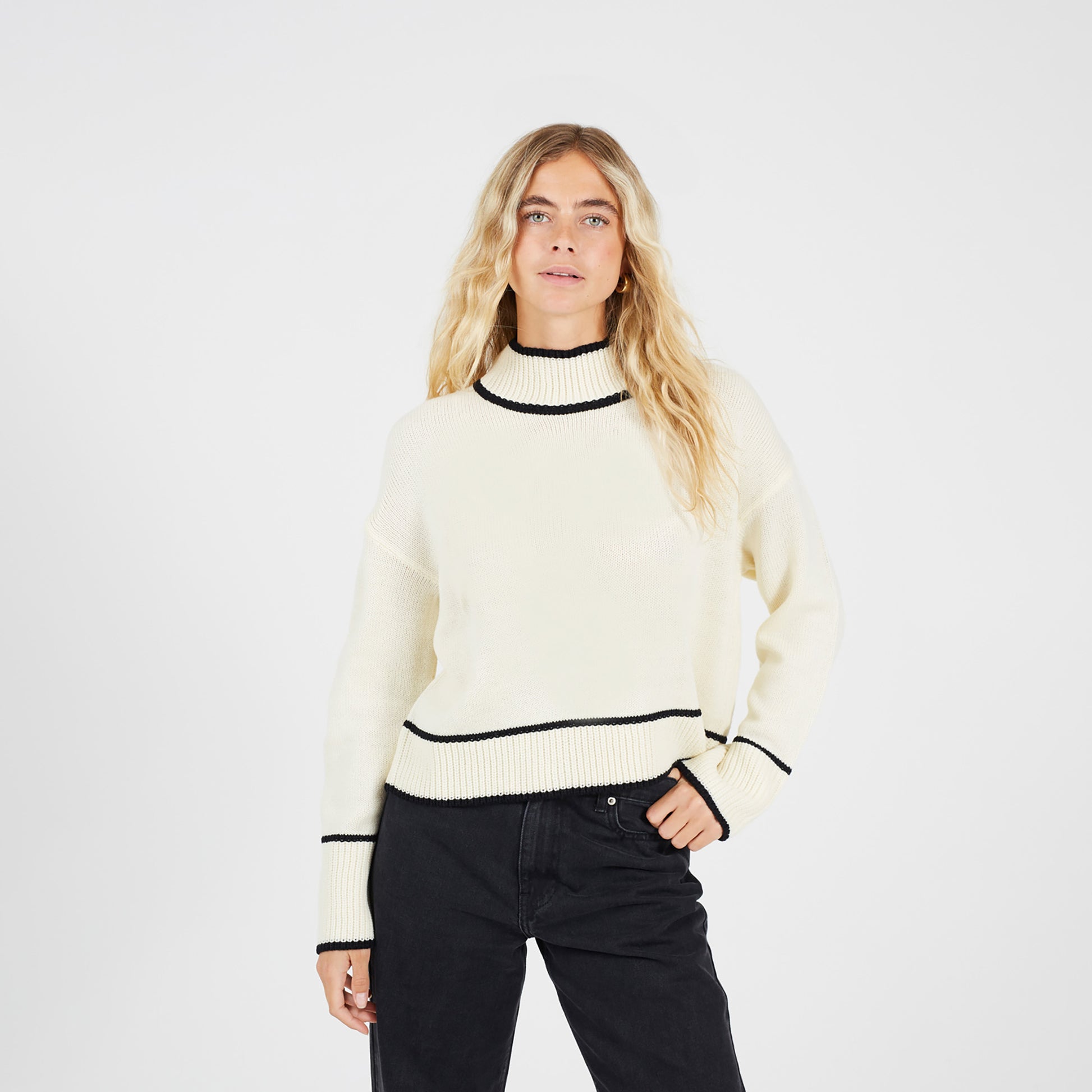 Brave Soul Cream Turtleneck Knitted Jumper with Contrast Trim - Cream Image 1